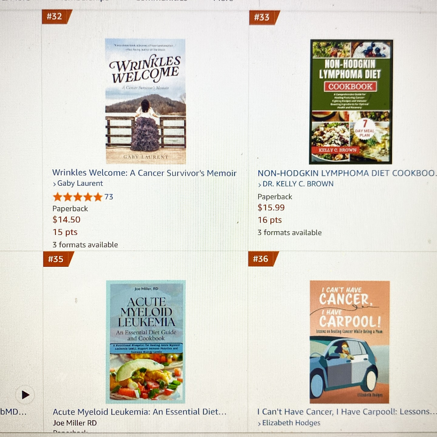 3 months after my book launch…I’m happy (and still in disbelief) to be #36 in Cancer (leukemia) Best Sellers on Amazon.
I recently checked the rankings and was struck by the incredible books around mine: two on cancer and diet, and another by a mother with cancer who welcomes wrinkles (sing it, sister).
It got me thinking. While much of cancer is out of our control and genetically driven, other factors like diet, exercise, and environment absolutely matter. So diet books for cancer are incredible resourceful.
But it’s also interesting how many survivors are talking not just about fighting disease, but what comes after: who we become post-cancer. The wrinkles, the aging, and the perspective shifts. Yes, getting older is a privilege with every year telling a new story of survival.
Thank you to everyone who’s read, shared, and supported my book over the last 3 months. You’re part of the story too.
#icanthavecancerihavecarpool #momswithcancer #motherswithcancer #amazonbestseller