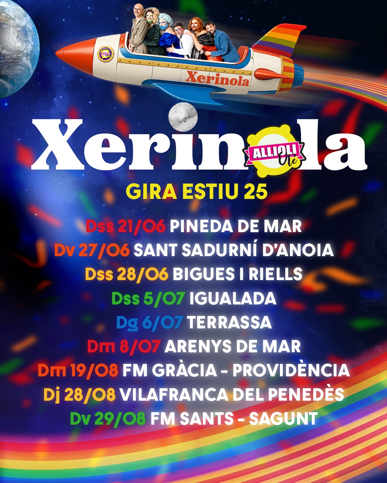 Ja estem aquí! Aquest 2️⃣0️⃣2️⃣5️⃣ tindràs salsa de la bona a moltes poblacions del territori català amb el nostre coet especial 🎉 celebrant l’orgull 💖 d’estimar amb llibertat!
Aquest dissabte comencem la gira d’estiu 👠XERINOLA 2025⛱️ 🏳🌈🔥🏳️⚧️🚀
Ja pots actualitzar la teva agenda perquè això serà gailàctic 🚀
Us hi esperem a totiiiiis perquè ens doneu tot el vostre allioli i omplir de color, diversitat i alegria 💅🏻 tots aquests indrets de Catalunya!
ENXERINOL•LA’T‼️🎉💃🏻
📸 @g.a.l.d.r.i.c
🎨 @misterandreu