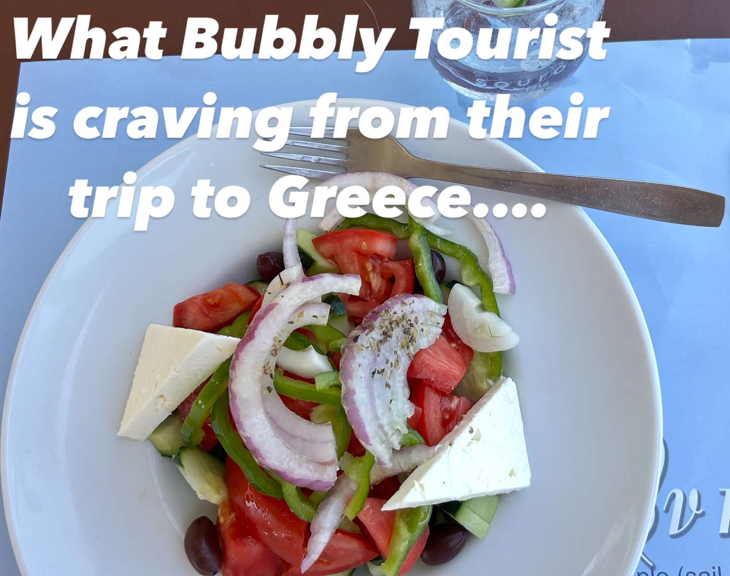 In Greece, a Horiatiki (Greek salad) is quite simple made with fresh ingredients that usually includes tomatoes chunks, cucumbers, slices of onion, feta, olives topped with a dressing made of olive oil, lemon juice, salt, pepper and oregano. The toppings and presentation will vary by restaurant as you will see in this post. Bubbly Tourist enjoyed them all and so perfect for a summer meal or snack. Just don’t expect to see any lettuce!