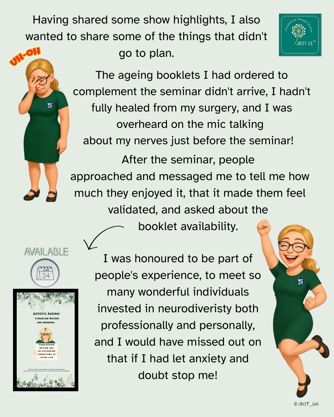 Social media can often feel like a highlight reel, a series of wins and PR perfect posts.
I wanted to share my 'down to my soul cringe' moment when I was overheard, while mic'd for the show, discussing how nervous I was.
My stress-y moments when the booklets I had worked on for months didn't show up in time, and my 'ugh' moments, sitting on a special cushion and wearing support items under my dress!
But I am SO glad I stuck with it; I felt the fear and did it anyway, accepted it might not be perfect, no matter how much planning and preparation I put in, things go wrong. That's okay.
It truly was a privilege to be there, and I continue to be moved by the messages of support I have received.
Thank you!!!!
#DoItAfraid #ShootYourShot #Grateful #BeleiveInYourself#JBOTUK #OT #Neurodiversity #Autism #ADHD #Dyspraxia #Honest #WartsAndAll #NeurodivergentAgeing #RCOT #IndependentOt #AcrossTheLifespan #Sensory #Resources #Support #Occupation #LivedExperience
#FearisAFeelingBraveIsAnAction #YouCanDoItToo