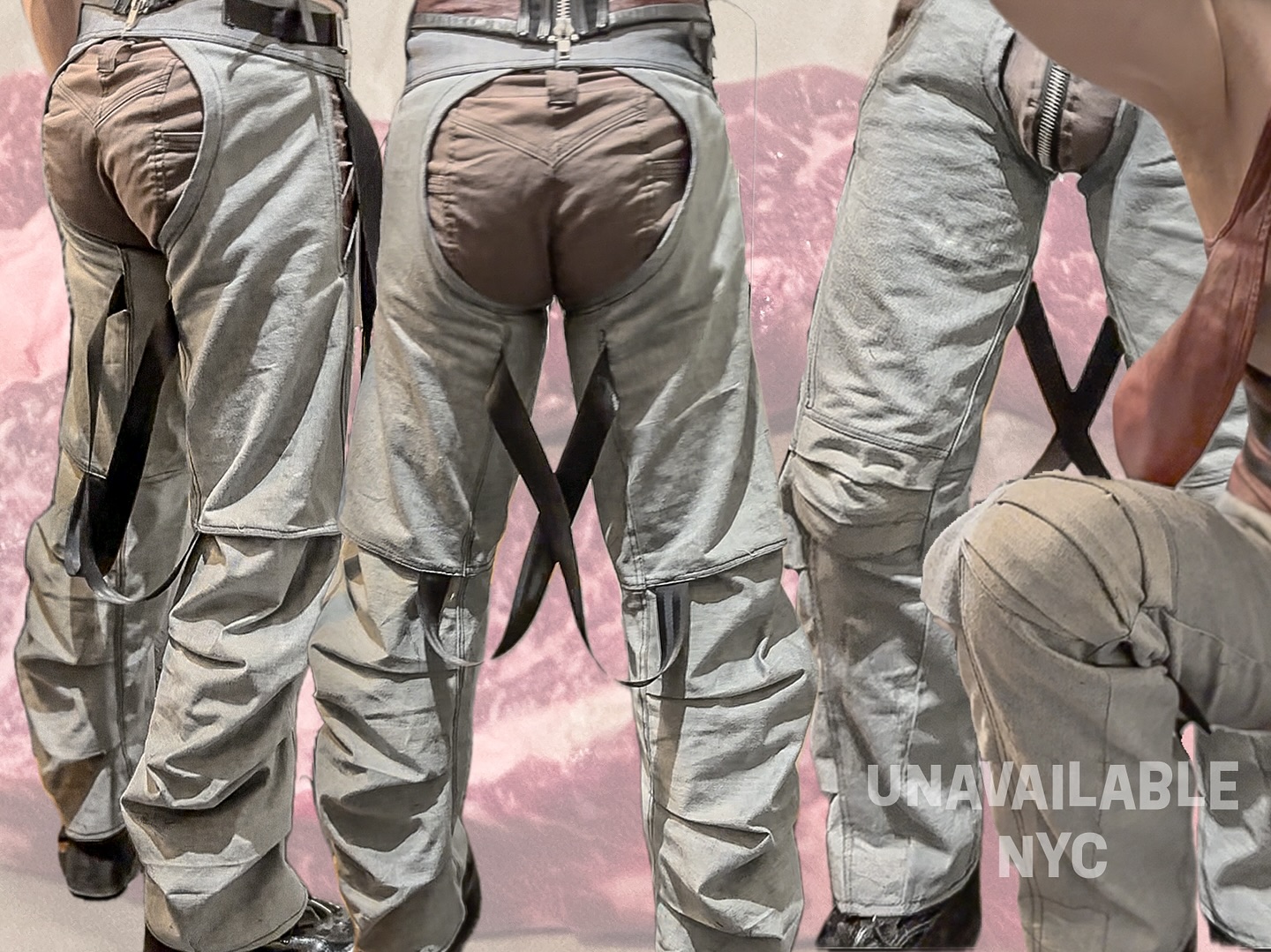 Raw denim chaps worn over the codpiece shorts. Backless with adjustable straps and rugged seaming to hold shape and invite movement. Pleated knees and leg for ease of movement optional sedition straps are positioned as to not impede your range of motion
Joey here first modeled my codpiece jeans 15 years ago. For this collection I’m taking the design out of the vault and pairing it with my new collection of chaps and robes.