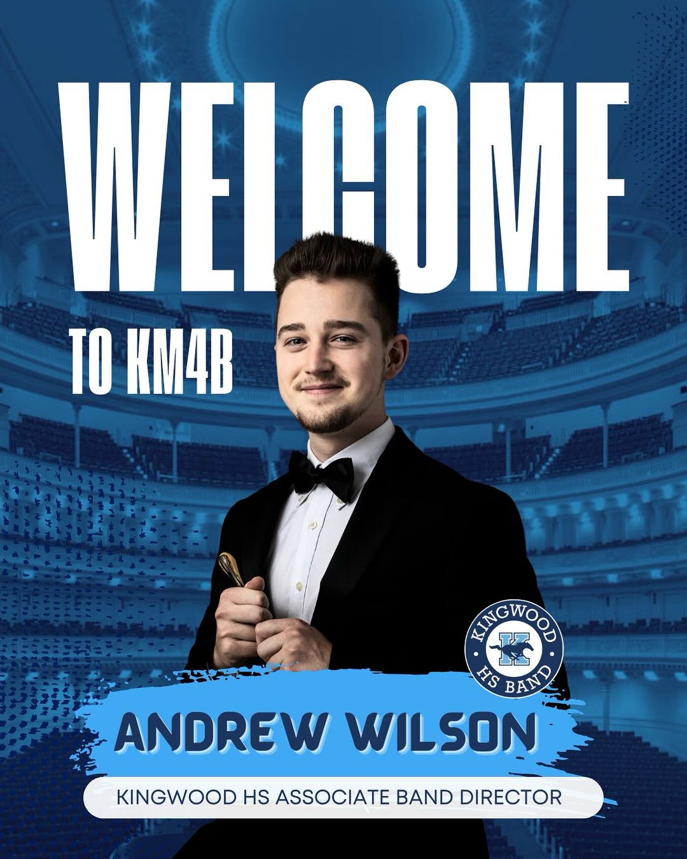 LET’S GIVE A WARM WELCOME TO OUR NEW DIRECTOR, MR.WILSON 🎉🥳🎉🥳🎉
Andrew Wilson is a proud alumnus of Kingwood High School and is excited to return to his alma mater as an associate band director. He holds a Bachelor of Music Education degree from Sam Houston State University, where he performed as a clarinetist in multiple ensembles.
Prior to joining the KHS band staff, Mr. Wilson taught for two years at Deretchin in Conroe ISD, where his students earned placement in the CISD Honor Band and received Division I ratings at contests.
Mr. Wilson is passionate about music education and looks forward to investing in the next generation of KM4B musicians. Outside of teaching, he enjoys worship, Tennessee Titans football, hiking, and spending time with his wife, Morgan, and their four cats.