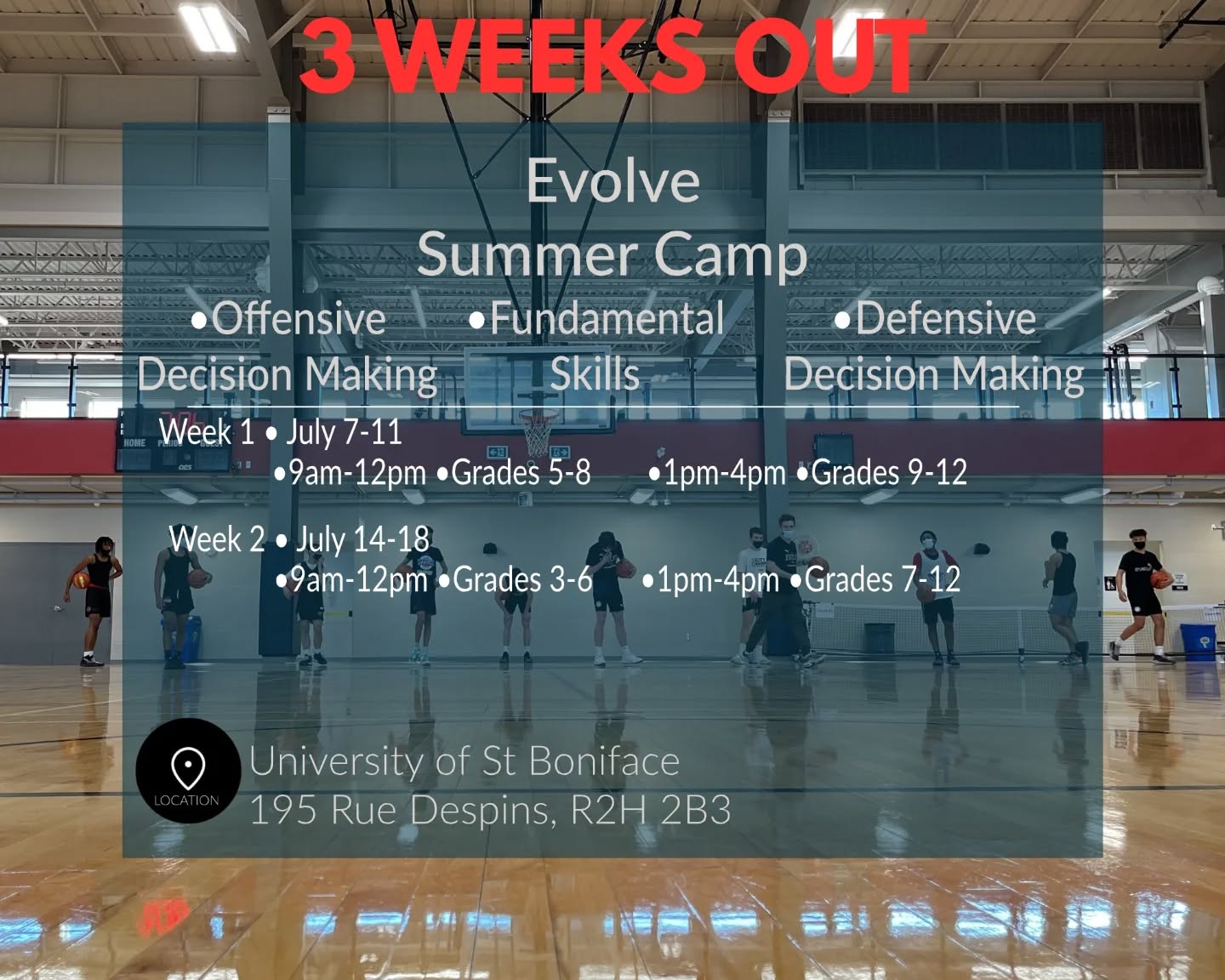 Welcome to Year 5 of Evolve Basketball Summer Camps! 🏀
This year we’re offering ONLY 2 weeks of high-energy, high-impact skill development — spots will go fast! 🔥
Train in a fun, challenging environment led by experienced coaches with 20+ years of camp experience. Whether you're just starting or looking to sharpen your game, we've got programming tailored to every age and skill level 💪
📍Location: Université de Saint-Boniface – 195 Rue Despins
🗓 WEEK 1
July 7–11
▪️ 9AM–Noon | Grades 5–8 (Coach: Nicholas Lother)
▪️ 1PM–4PM | Grades 9–12 (Coach: Nicholas Lother)
🗓 WEEK 2
July 14–18
▪️ 9AM–Noon | Grades 3–6 (Coach: Sarah Lundgren)
▪️ 1PM–4PM | Grades 7–12 (Coach: Jon Lundgren)
💵 Price: $210 + GST
📲 Spots are limited — DM us or head to the link in bio to register today!