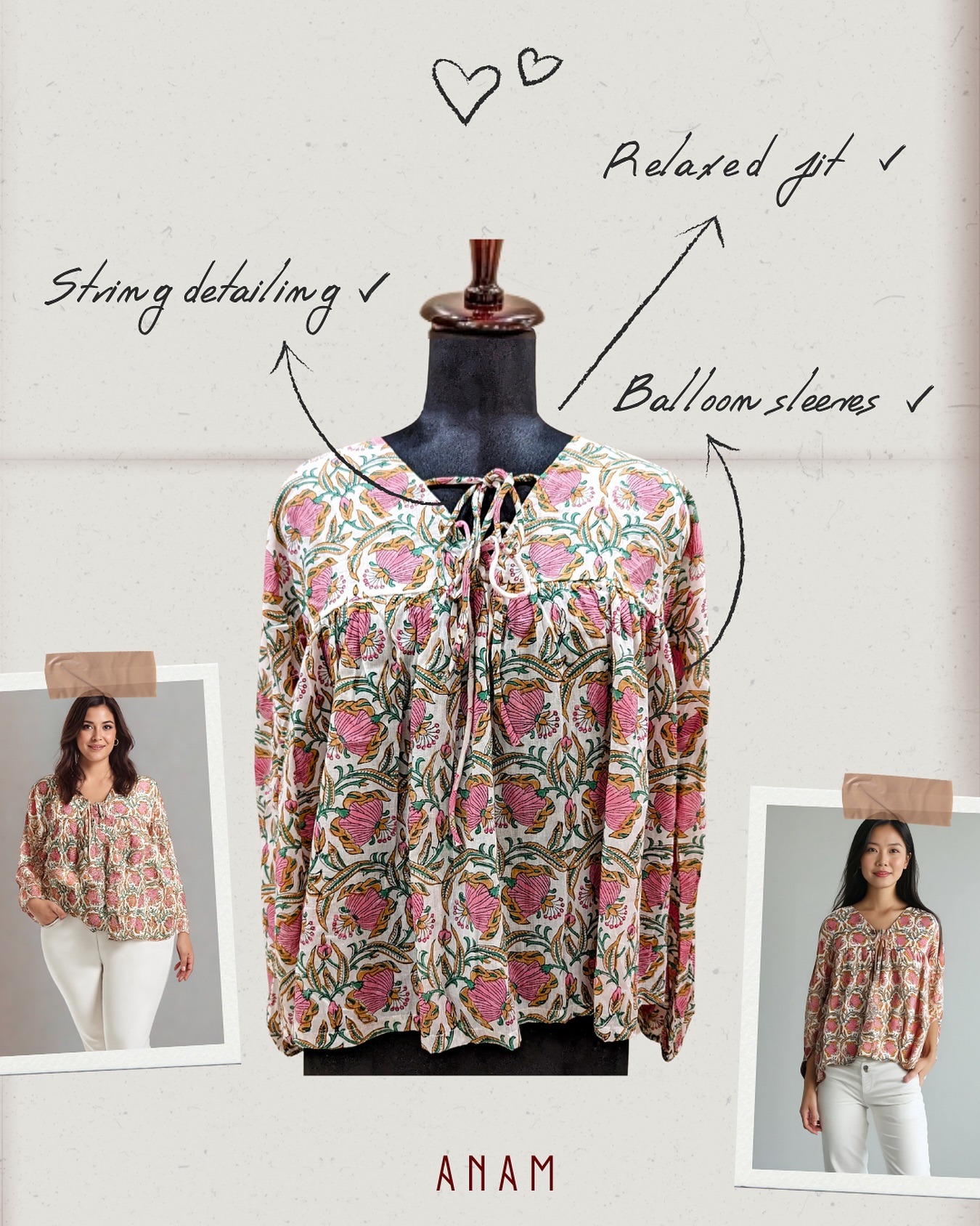 Sunshine in stitches ☀️
Balloons in sleeves 🍃
Dreams in cotton 🍄
Float through summer in our block print with ease👯♀️
Enjoy 30% OFF our Breezy Block String Blouse 🌿✨
Limited time offer.
Shop now from our website. Link in bio 🔗
(ANAM, handblock print, cotton dresses, cotton tops, cotton blouses, summers, airy, natural colours, breathable fabic)