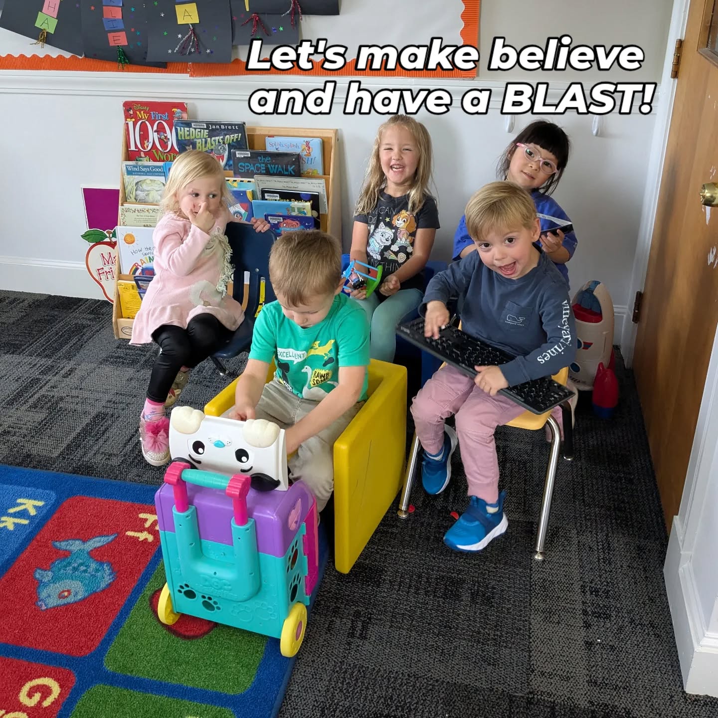 Our youngest students pretending to blast off in a rocket ship! #pretendplay #imaginationstation #spacetheme #preschoolactivities #veritasatelmwood