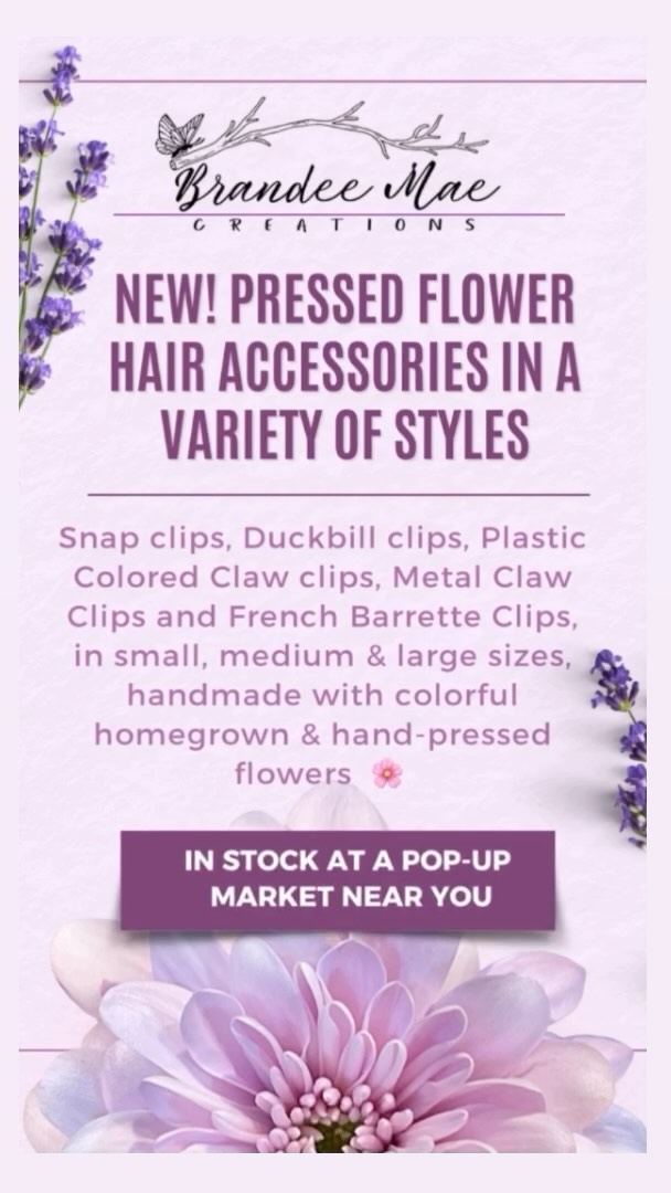 New! Pressed Flower Hair accessories 🩷🌸 Claw clips, barrettes, snap clips, duckbill clips! We have them all! Keep your hair out of your face with flower accessories 🌼 Available only at in-person Pop-Up markets.