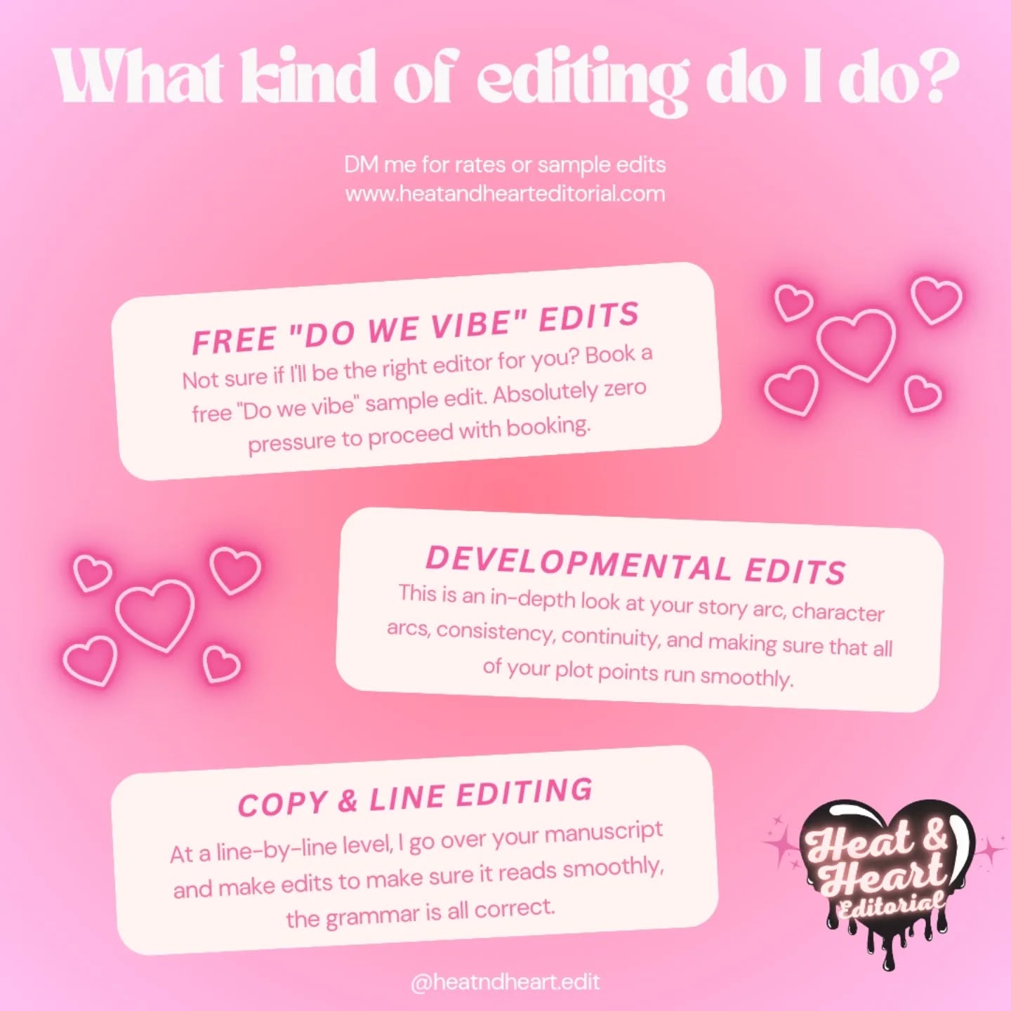 Writing a book is hard.
Finding the right editor shouldnāt be.
I offer thoughtful edits that keep your voice at the heart of it all.
Not sure if weāre a match? Letās start with a no-pressure sample edit. š©·
š¬ DM me to chat.
www.heatandhearteditorial.com
#authorsofig #indieauthors #author #editorforhire