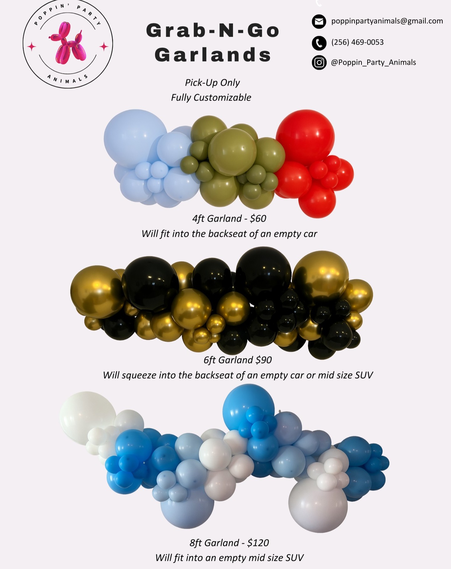 ✨ Looking to decorate on a budget and willing to hang it yourself? Grab-n-Go garlands are the perfect solution!
• Custom colors
• Pre-assembled
• Easy pickup
• No setup fees
Choose from 4ft, 6ft, or 8ft options – all designed to fit in your car and make your event pop! 🎈
Message to order yours today!
#huntsvilleballoons #grabngogarland #PartyOnABudget #balloonpickup #balloondecor #PoppinPartyAnimals #customballoons #huntsvilleevents #balloonstylist