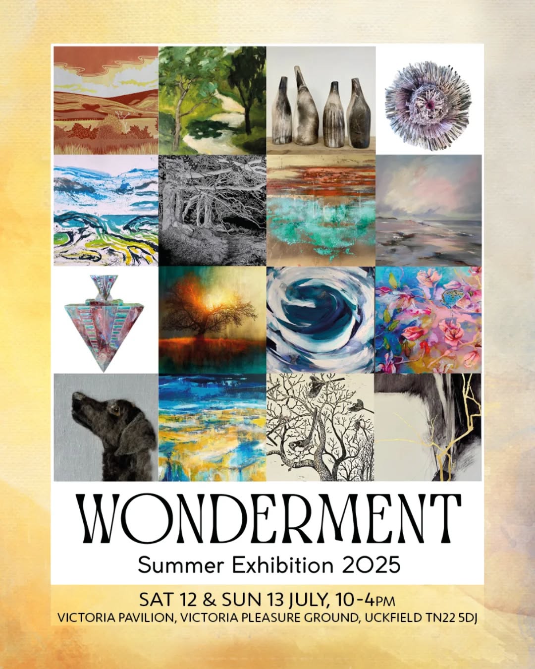 I’m delighted to have some of my paintings taking part in the “Wonderment” Summer art exhibition.
This is a wondrous celebration of 16 Sussex based artists featuring painting, printmaking, photography, paper-art, ceramics & textiles. You can expect to see a wide range of beautiful, inspiring and affordable artworks, prints and cards. There is a private view on Fri 11th with complimentary refreshments.
VENUE: Victoria Pavilion, Victoria Pleasure Ground, Uckfield TN22 5DJ
TIME: 10am until 4pm
DATE: Sat 12th-Sun 13th JULY
PRIVATE VIEW: Fri 11th July, 7pm - 9pm with complimentary refreshments
ENTRY: Free
@clare1printart @joannafarrowart @katharine_rabson_stark_artist @thehinterlandstudio.art @karenpotter1103 @martinroltart @hirokolewis @gabriel_knollys @adpceramics @mmp_treescapes @clivebullivant @carolinemartinart @julieframpton.art @chrisschneider.art @garethhaywardart @adelescantlebury
@victoriapavilionarts
@unoseaford
@southdownsartists
@seopenstudios
@sussexcontemporary
#sussexartist #sussexhandmadeuk #southdownartists #uckfield #sussexart
x
