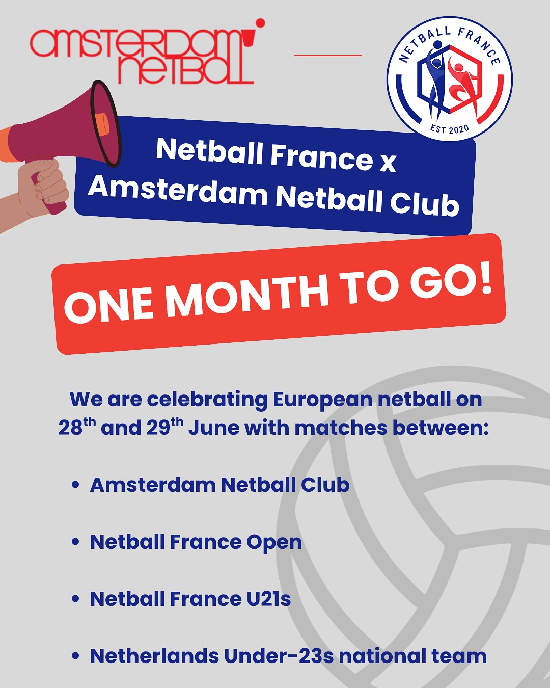Are you ready??!! We can’t wait to celebrate netball in Europe with a visit from @netballfrance and matches between our club and @netballnetherlands U23s 🏐 We just love netball and are so proud to be part of growing the sport in Europe @netballeurope 🥰💕 Bring on the competition! 🇳🇱 ❌ 🇫🇷