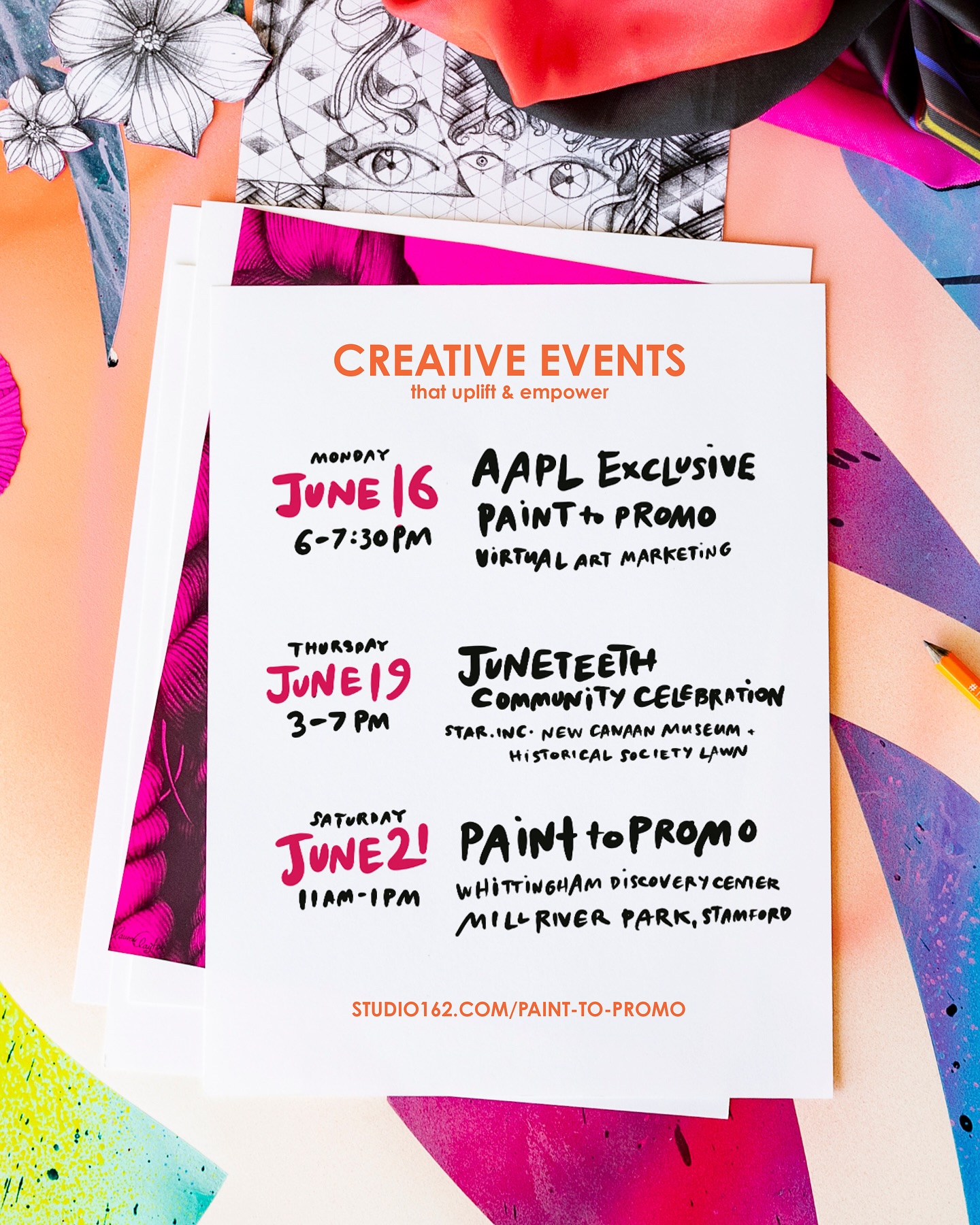 Yay for these Upcoming Events – Mark Your Creative Calendars!
📌 Paint to Promo: AAPL Virtual Marketing Workshop
🗓 Monday, June 16 | 6–7:30PM (EST)
An exclusive session for American Artists Professional League members.
Learn how to market and sell your work with confidence!
💻 Virtual | Use code AAPL for $5 off!
🌿 Juneteenth Community Celebration
🗓 Thursday, June 19 | 3–7PM
Join Lauren Clayton at S.T.A.R’s Juneteenth celebration for a live art activity!
✨ Free & open to the public. Bring a picnic, bring a friend, and celebrate creativity and community.
🌟 Paint to Promo at Mill River Park
🗓 Saturday, June 21 | 11AM–1PM
An energizing workshop on personal branding and self-promotion for creatives.
Learn how to market yourself and your work and connect with fellow artists! UCONN students DM for an exclusive FREE coupon!
#events #stamford #newcanaan #professionaldevelopment #thingstodo #creativedevelopment #juneteeth #paintwithpurpose