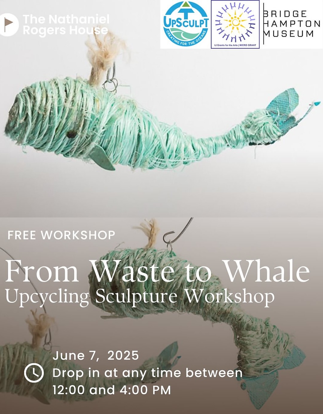 Come craft with us✨🐳
The Bridgehampton Museum will be hosting UpSculpt for a walk-in workshop on June 7th, free and open to the public!
Drop in to @thebridgehamptonmuseum between 12 and 4 pm to create your own unique sculpture using marine debris found on Long Island beaches. Stay for 20 minutes or stay for four hours!
The museum has a student exhibition of UpSculpt mini whales up starting May 31st, so you will have plenty of inspiration from the beautiful student works sculpted during recent field trips!
Link in bio to RSVP! 🌊
Thank you @huntingtonarts providing funding support for this program.
#bridgehampton #bridgehamptonmuseum #localart #hamptons #makeart #upsculpt#hamptonsart #studentart #longislandart #upcycling #whaling #sculptureworkshop #marinedebris