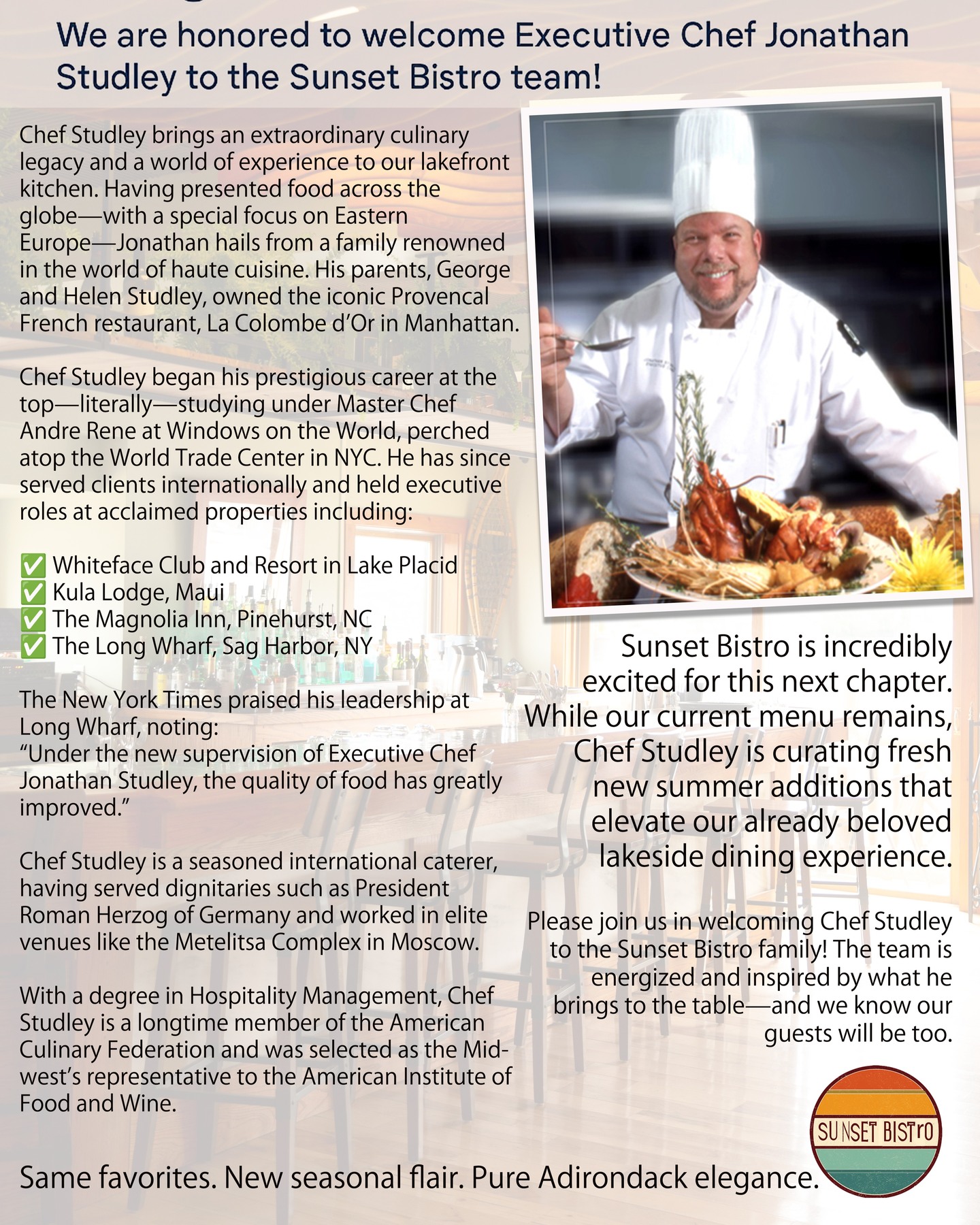 Executive Chef Jonathan Studley joins the team at Sunset Bistro!
#SunsetBistro #JonathanStudley #ExecutiveChef #CulinaryExcellence #AdirondackDining #SaranacLake #LakefrontEats #cheflife