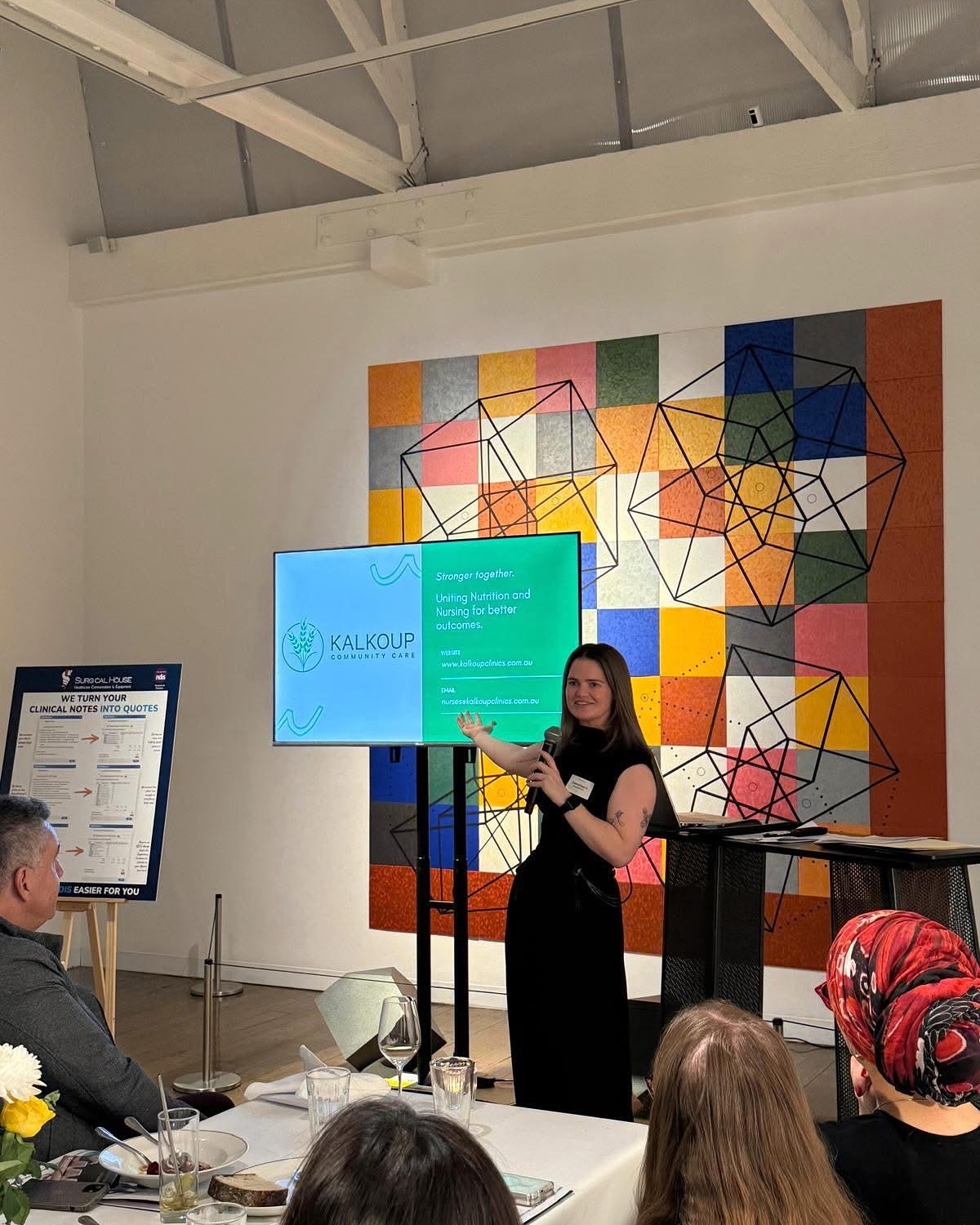 Siobhan had the privilege of presenting on “Working Together for Paediatric Enteral Feeding Success,” a topic deeply connected to her clinical work and values at Kalkoup. She spoke about the essential collaboration between community nurses, dietitians, and allied health professionals in supporting children and young people with enteral feeding needs. Her insights into shared advocacy and collaborative clinical reporting resonated strongly with the audience.
“It was an honour to contribute to the conversation around redefining nursing collaboration with dietitians,” Siobhan said. “There is a vital place for all of us in the NDIS space, and this was a valuable opportunity to advocate for a truly team-based approach to care within allied health.”
Sharing the stage with Lina Breik and Kim Lunardi — two of the most respected and influential voices in the field of disability and dietetics — was a true career highlight. Their leadership and depth of knowledge brought enormous value to the evening, and it was a significant honour for Siobhan to present alongside them. The event drew an incredible group of dietitians, all committed to interdisciplinary collaboration and improving outcomes for individuals with complex needs.
A huge thank you to Surgical House for the evening — as well as their long-standing product and education partners from Nutricia, Nestlé Health Science, and Avanos Medical. Their contributions continue to shape the standard of care we’re proud to deliver.
👉 Read our latest blog post for all the details!
https://www.kalkoupclinics.com.au