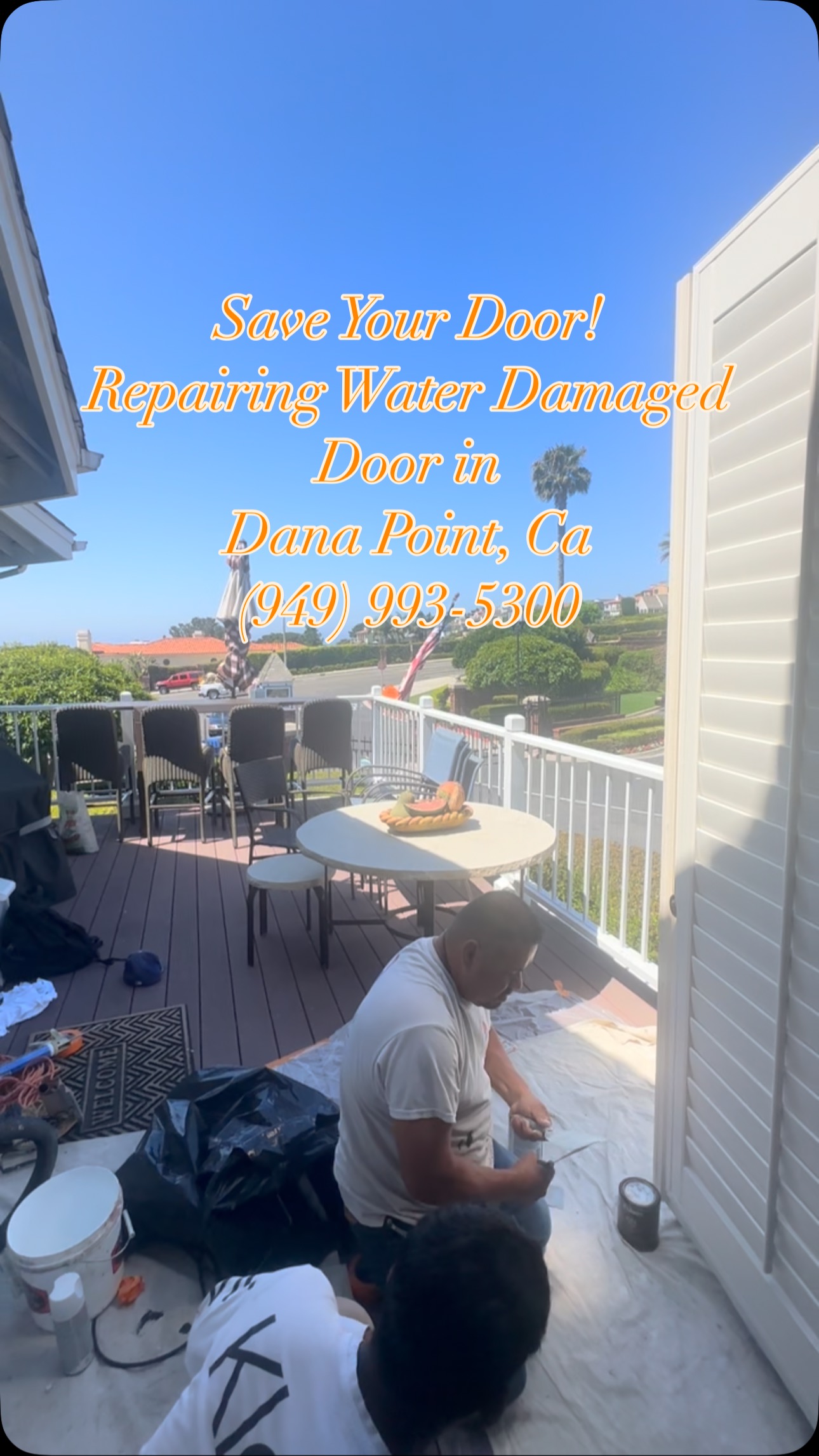 Spending the day restoring a water-damaged door in beautiful Dana Point, CA. For all your painting needs, call us at 949-993-5300! #DanaPoint #PaintingContractor #DoorRepair #SoCalHomes #CoastalLiving #FridayVibes #SouthOrangeCounty #SouthernCalifornia