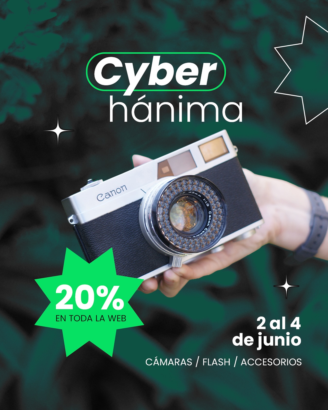 🛍️Cyber Hánima 🎉
Hasta el 4 de Junio
🎈Celebra con nosotros el Cyber Hánima y aprovecha un 20% de descuento en toda la web. Cámaras análogas cuidadosamente seleccionadas, flashes únicos y accesorios esenciales para quienes buscan autenticidad en cada disparo.
🍂Ya seas un amante de la fotografía vintage, un coleccionista o alguien que recién comienza a descubrir la magia del carrete, este es tu momento. Nuestro catálogo está lleno de piezas con historia, carácter y alma, listas para acompañarte en tus próximos proyectos.
¿Qué encontrarás en esta edición del Cyber?😱
📸 Cámaras análogas Canon, Nikon, Pentax, Olympus y más
🔭 Filtros de diferentes diametros y características
⚡️Flashes, cámaras 110, formato medio y telemétricas.
🚚 Envíos a todo Chile y asesoría personalizada
📸 En Hánima, la experiencia analógica se vive de forma consciente, pausada y estética. Este Cyber, conecta con esa experiencia de una manera única.
🎊🎁Del 2 al 4 de junio. Solo en www.hanimastudio.cl 💻