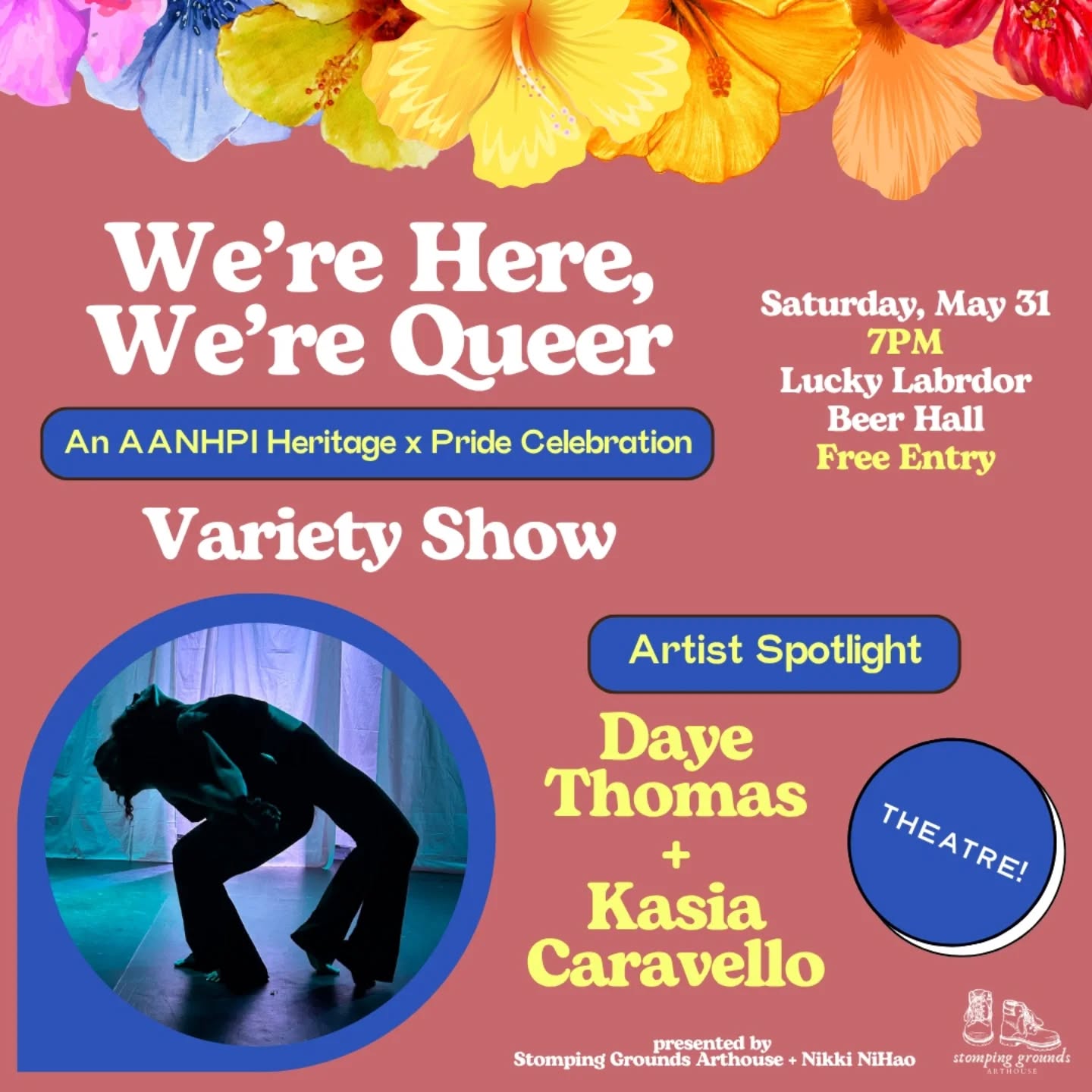 Let's keep the artist intros rolling with @mykkyd and @kasiacaravello ✨
Daye Thomas (they/them) is a queer filipinx whose artistic focus on multicultural storytelling, community building, and identity naming has made working with Stomping Grounds a perfect dream every time. They have recently helped start Concerned Artists of the Philippines and have been delving into art creation that breathes in the history of marginalized experience, and exhales in a way that uses our voices, bodies, canvases, and stages as weapons of resistance and hope. Daye is so stoked to work with the brilliant Kasia Caravello (she/her) for this AANHPI Heritage x Pride Celebration with a reprise of part of their original devised piece HATERS first performed last summer. They both have bonded over their passion for movement expression, and exploration of the question of how to have your voice be truly heard while two people are so different. Can we confront our own preconceptions and acknowledge that hate is often the fear of the mirror we see in ourselves? Catch Daye's next reading with illioo Native Theatre on June 1-2 at Artist's Rep, and catch the premiere of a new horror musical they're co-writing with Sophina Flores, titled "You're the One In Here" through From the Ground Up's "More More More" Festival on June 6th and 13th.
Don't miss them TOMORROW! 7PM on 5/31 at @luckylabradorbrewing you can experience this and other amazing performances! Free entry! RSVP 🔗🔗