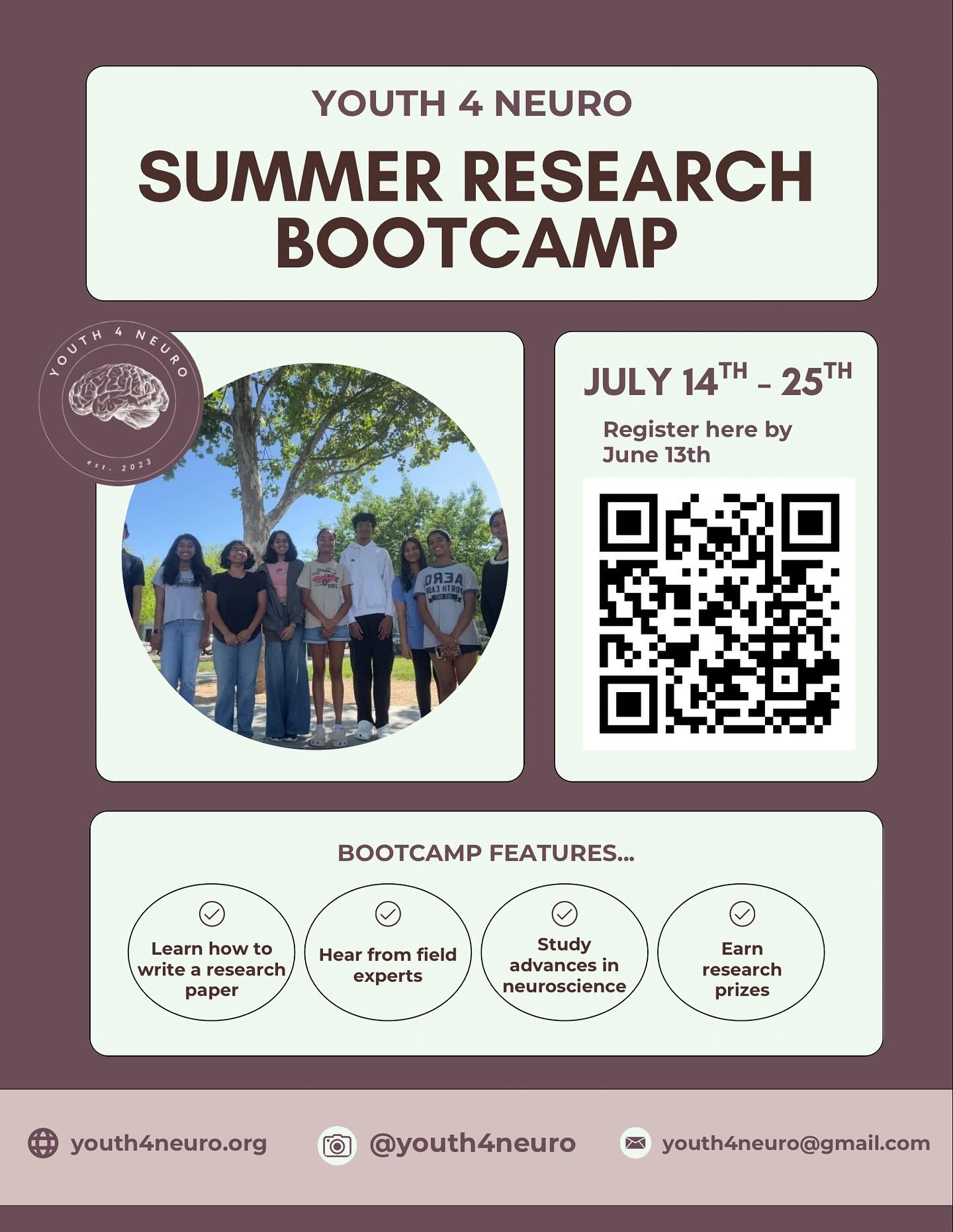Youth4Neuro, in collaboration with our Dublin chapter, is launching this year’s Summer Research Bootcamp, happening July 14-25! 🧠
Whether you’re new to research or looking to deepen your skills, this is your chance to learn how to write a research paper, connect with experts, and explore the world of medicine!
🗓️ Register by June 13 - scan the QR code above to sign
up!