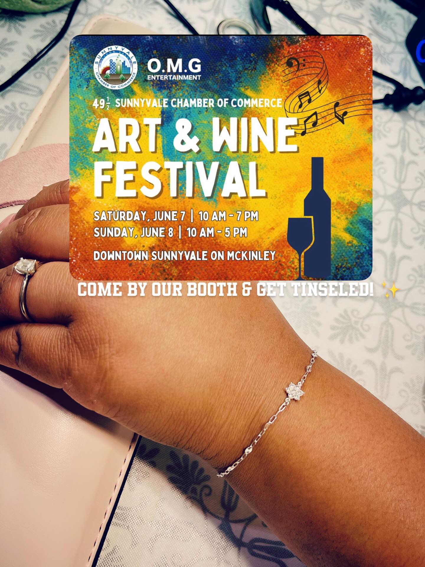 Art+Wine+Jewelry = The perfect weekend vibes! ✨
Come by our booth in downtown Sunnyvale, Saturday,June 7th at 10AM-7PM or Sunday, June 8th from 10AM-5PM. We would love to add some permanent jewelry to your life!
If you can’t make the show this weekend check out our website & book a party with us! Stay tuned for our next event.
We can’t wait to see you there!🙌🏽
@sunnyvale_chamber @omg.entertainment_usa
@saltedtinsel
