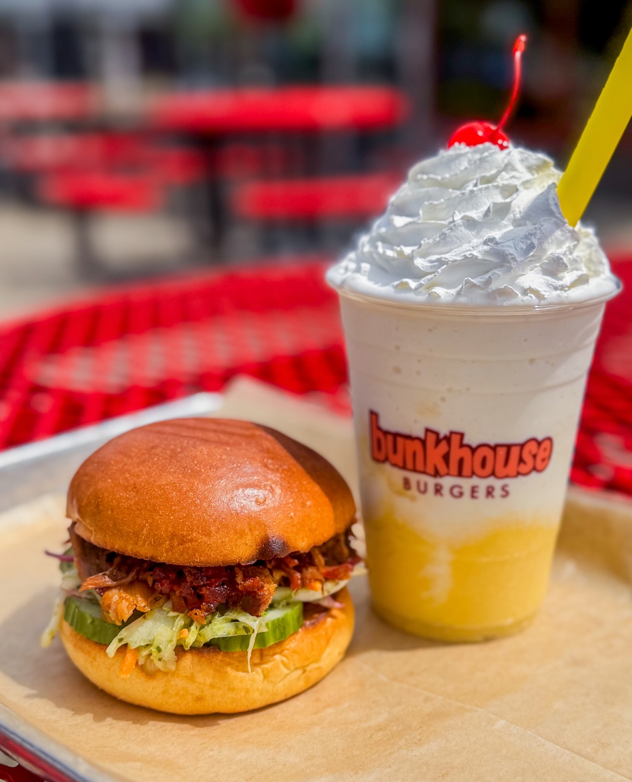 ☀️ Our June monthly specials are giving SUMMER! ☀️ Fresh, flavorful, & absolutely perfect for sunny days.
Korean Pulled Pork Sandwich | 8
Woodshop pulled pork, Korean BBQ sauce, pickled cucumber, cilantro-lime slaw
Mango Milkshake | 6.50
vanilla soft serve layered with mango puree, topped with whipped cream & a cherry
Available this month only — don’t miss it!