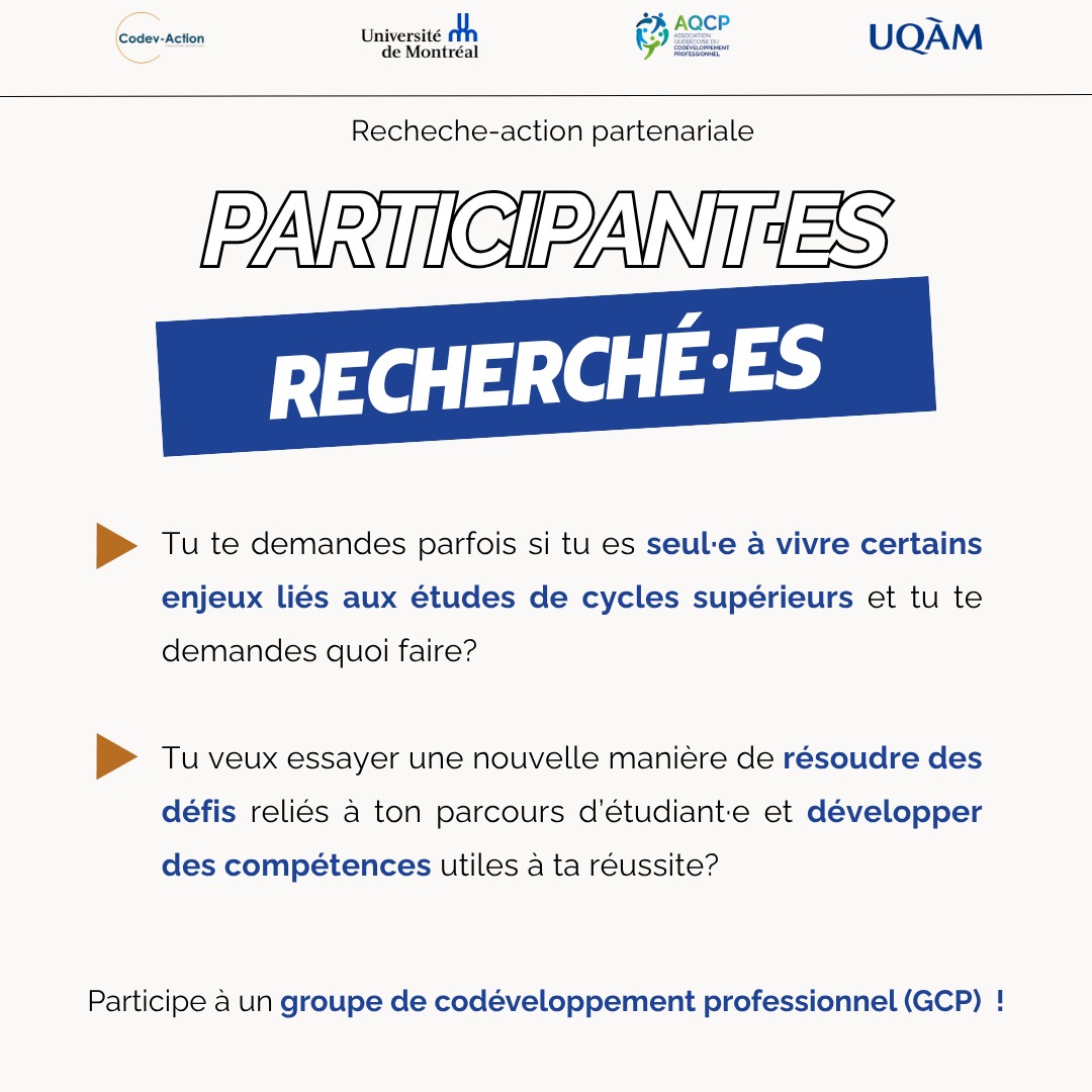 📣 Tu fais une maîtrise ou un doctorat au Québec? Tu te demandes parfois si tu es seul·e à vivre certains enjeux et tu te demandes quoi faire? Tu veux essayer une nouvelle manière de résoudre des défis reliés à ton parcours d’étudiante et développer des compétences utiles à ta réussite? Participe à un groupe de codéveloppement professionnel (GCP) !
🧠 Ce projet de recherche te permettra de participer à huit séances de GCP d’environ 2h entre juin et décembre 2025. Des discussions enrichissantes, des solutions innovantes à des enjeux réels pour les étudiant·es, du soutien entre pairs… et la possibilité de gagner une carte cadeau de 50 à 100 $ ! 🎁
📩 Intéressé·e à en savoir plus ? Le lien vers le formulaire d’inscription à une séance d’information qui aura lieu le 12 juin à 12h est dans la bio de notre instagram!
#Codéveloppement #ÉtudesSupérieures #CyclesSupérieurs #GCP #UdeM #RechercheAction #SoutienAcadémique #Maîtrise #Doctorat #CommunautéÉtudiante