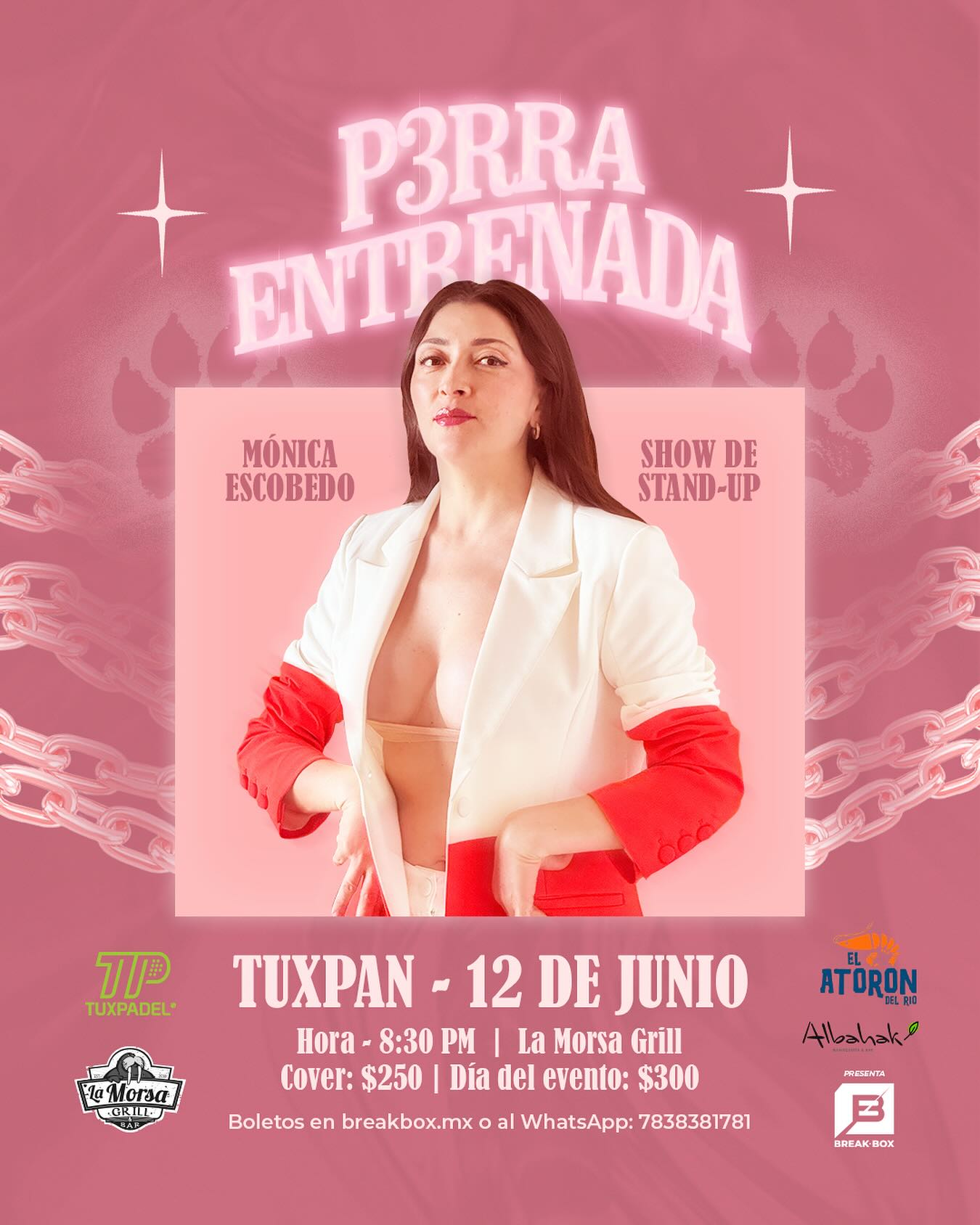 🔥P3RRA ENTRENADA llega a Tuxpan y no viene a pedir permiso.
Mónica Escobedo se sube al escenario con un show que huele a empoderamiento, risas y una que otra patada al patriarcado.
🐾 Si estás lista (o listo) pa’ dejar salir tu perr@ interior y reírte de todo lo que callas…
🎤 Este es tu show.
📍La Morsa Grill
📆 12 de junio – 8:30 PM
🎟️ $250 (preventa) | $300 (día del evento)
Boletos en breakbox.mx o mándanos un WhatsApp al 783-838-1781 📲
#BreakboxEnEscena #ShowsQueRompen #RíeteConMónica