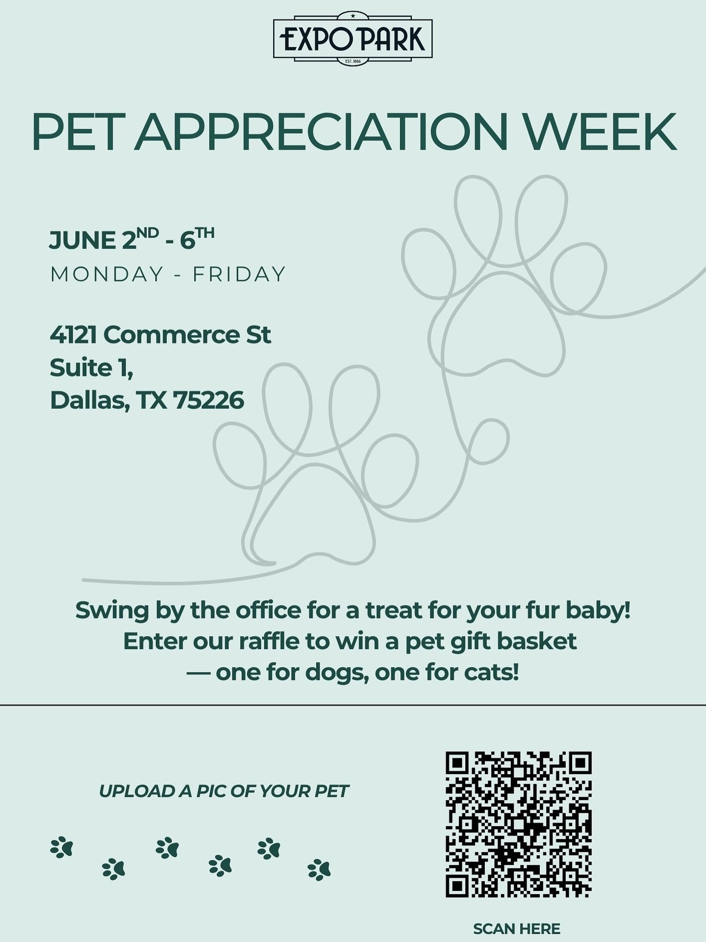 It’s Pet Appreciation week here at Expo Park! 🐶 🐱
We’ve partnered with @theupperpaw to bring your fur babies some tail-wagging treats! 🦴🐾
Swing by the office to grab a goodie bag and enter our raffle to win a purrrrfect prize basket.
Want an extra raffle entry? Upload a pic of your pet and help us create a photo collage for the office!
#PawtyTime #PetsOfExpoPark #PetAppreciationWeek