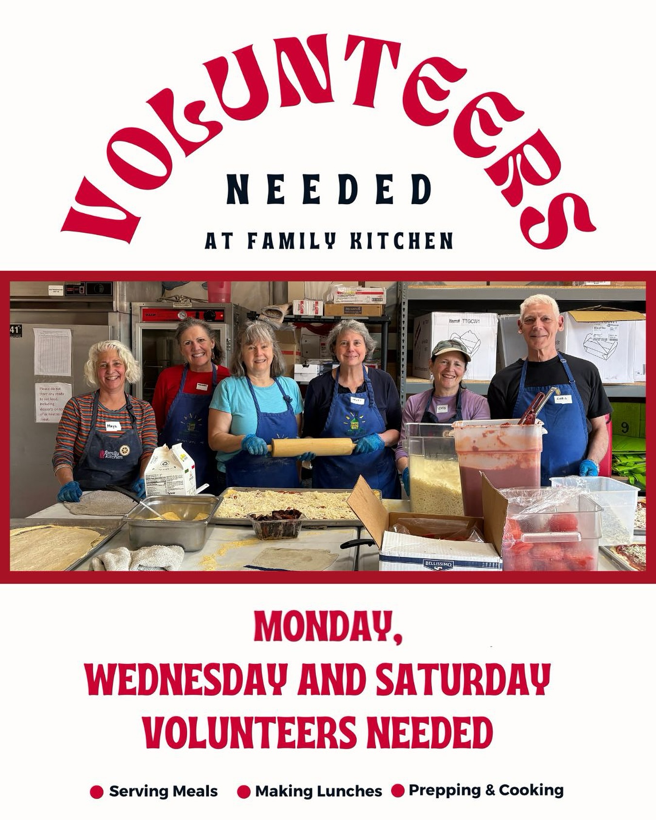 Do you have some time to join us at Family Kitchen this week? We’d love to see you any day, but we especially need some help on Monday, Wednesday, and Saturday during our lunch shifts. We’ll be serving meals, making sandwiches, prepping ingredients, washing dishes, and more! Sign up on our website or email clara@familykitchen.org. Thank you! ❤️