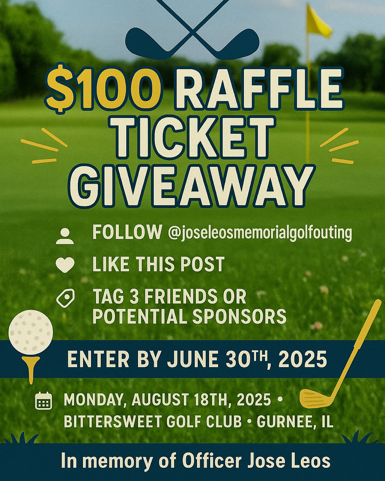 🎟️ RAFFLE GIVEAWAY TIME! 🎉
We’re giving away $100 worth of raffle tickets for the Jose Leos Memorial Golf Outing ⛳️
Here’s how to enter:
✅ Follow @joseleosmemorialgolfouting (https://instagram.com/joseleosmemorialgolfouting)
✅ Like this post
✅ Tag 3 friends or potential sponsors in the comments
⏳ Deadline to enter: June 30th, 2025
🗓️ Monday, August 18, 2025 – 10AM
📌 Bittersweet Golf Club, Gurnee, IL
🕊️ In memory of Officer Jose Leos 💙
#JoseLeosMemorial #GolfOuting2025 #RaffleGiveaway #SupportOurHeroes #skokie #skokiepolice