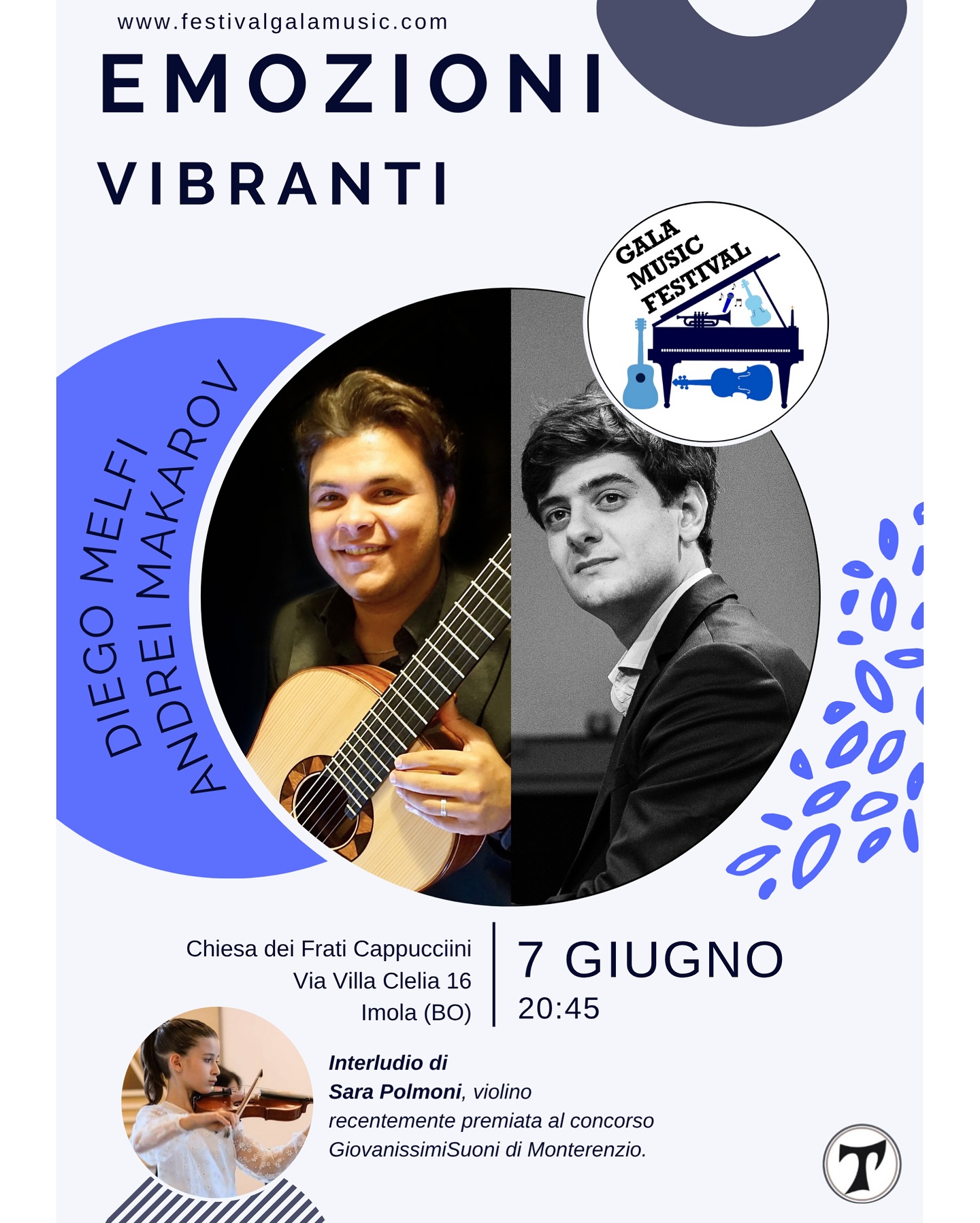 Sabato 7 giugno – Concerto speciale di chitarra e pianoforte alla Chiesa dei Frati Cappuccini di Imola
Alle 20:45 vi aspettiamo per una serata straordinaria all’interno del Gala Music Festival, con protagonisti Diego Melfi (chitarra), direttore artistico del festival, e Andrei Makarov (pianoforte), brillante artista georgiano residente in Olanda. Per la prima volta insieme sul palco, proporranno un programma emozionante tra classicismo e romanticismo.
✨ Ospite speciale: la giovanissima violinista Sara Polmoni, 9 anni, premiata al concorso GiovanissimiSuoni, porterà un momento di pura emozione.
📍 Chiesa dei Frati Cappuccini, via Villa Clelia 16 – Imola
🎟 Ingresso libero fino a esaurimento posti
Un sentito ringraziamento a Padre Attilio per l’accoglienza e a Ekaterina Chebotareva per la presentazione della serata.
Non mancate!
#galamusicfestival #concertoimola #musicaimola #musica2025 #chitarraepianoforte #andreibakarov #diegomelfi #sarapolmoni #musicaemozioni #musicaemergente #concerticlassici #musicaclassicaitalia #chiesacappuccini #imolamusica #eventiemiliaromagna #musicaliveitalia