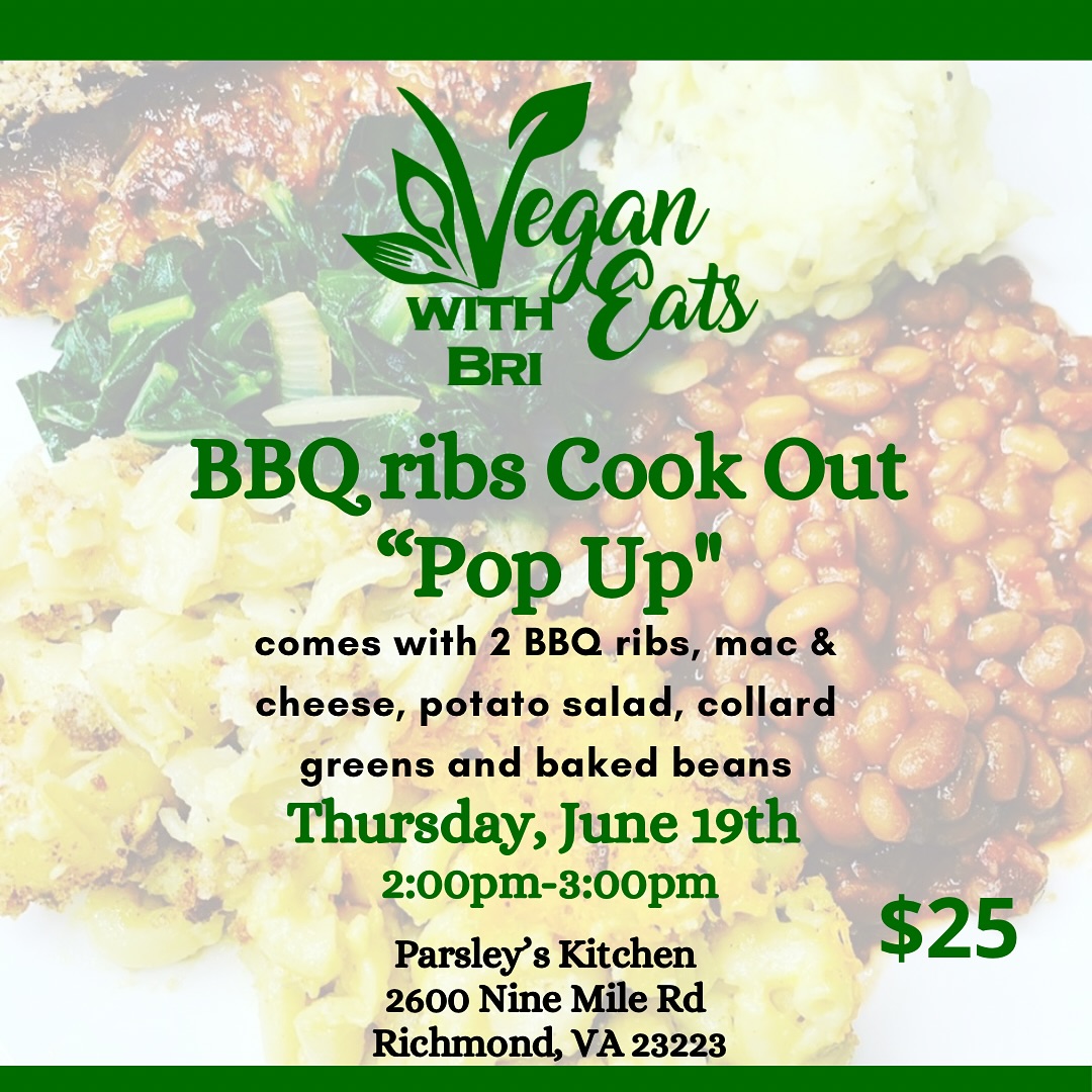Hosting a bbq rib pop up on Juneteenth, June 19th from 2pm-3pm!! Preorder now and pick up on the 19th. Meal comes with 2 bbq ribs, mac & cheese, collards, baked beans and potato salad!!
The best vegan bbq in town!!! Link in bio to order!!
#veganeatswithbri
#veganbarbeque
#vegancatering
#veganribs
#vegancookout
#memorialdaybbq
#rvapopup
#rvavegan
#glutenfree
#rvavegans