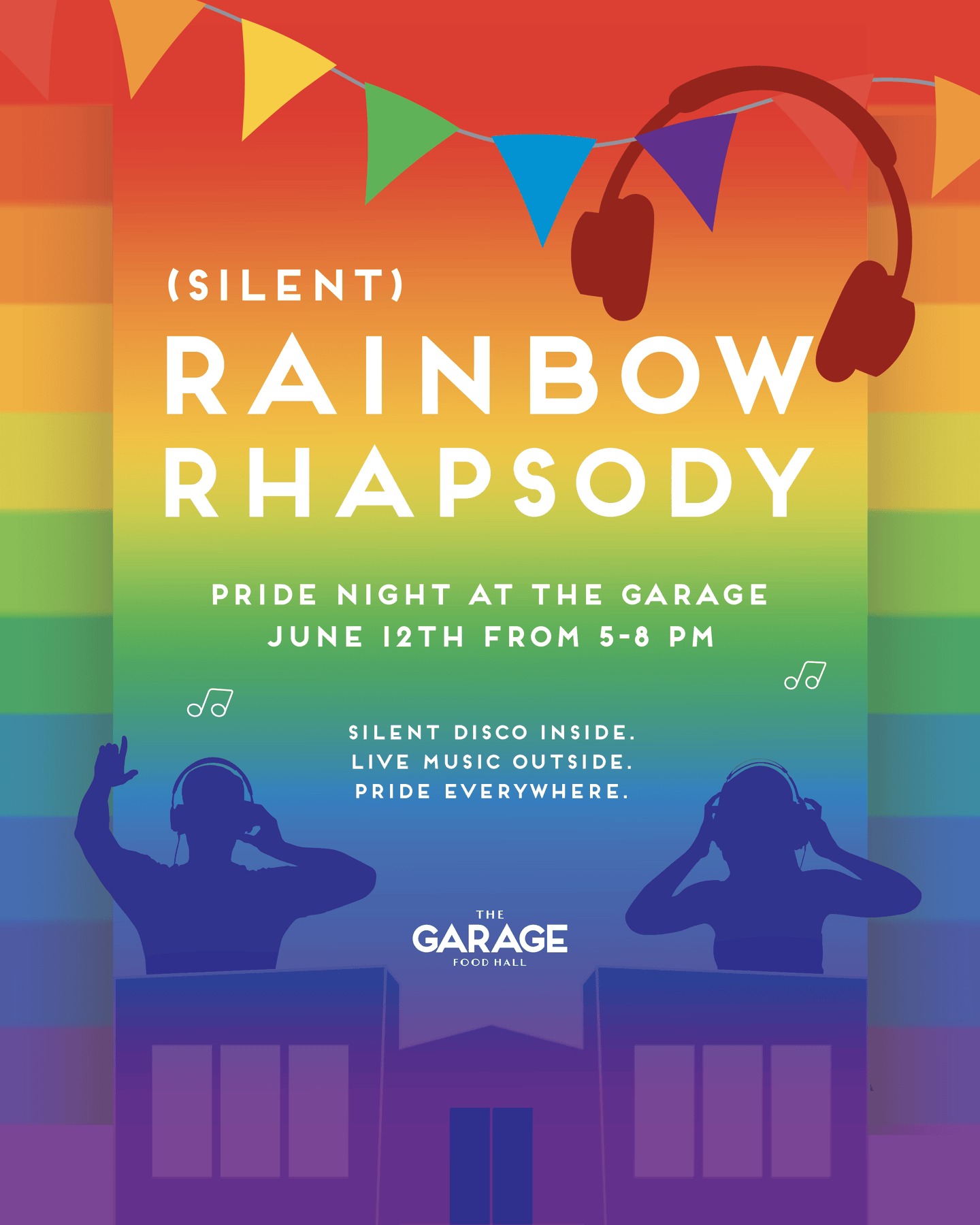Rainbow Rhapsody is back for another night of Pride at The Garage, and this year, we're turning up the volume (silently) with a Silent Disco twist. 🌈🎧
Join us inside The Garage next Thursday, June 12th to kick off Pride weekend with (Silent) Rainbow Rhapsody. Throw on your headphones, grab a drink from the bar, and get ready to dance and sing your heart out, your way.
Outside on the North Patio, the Rainbow Rhapsody you know and love keeps the good vibes flowing with lawn games and live music from LitSoul.
Free and open to all ages, so bring your friends, family and the whole crew!