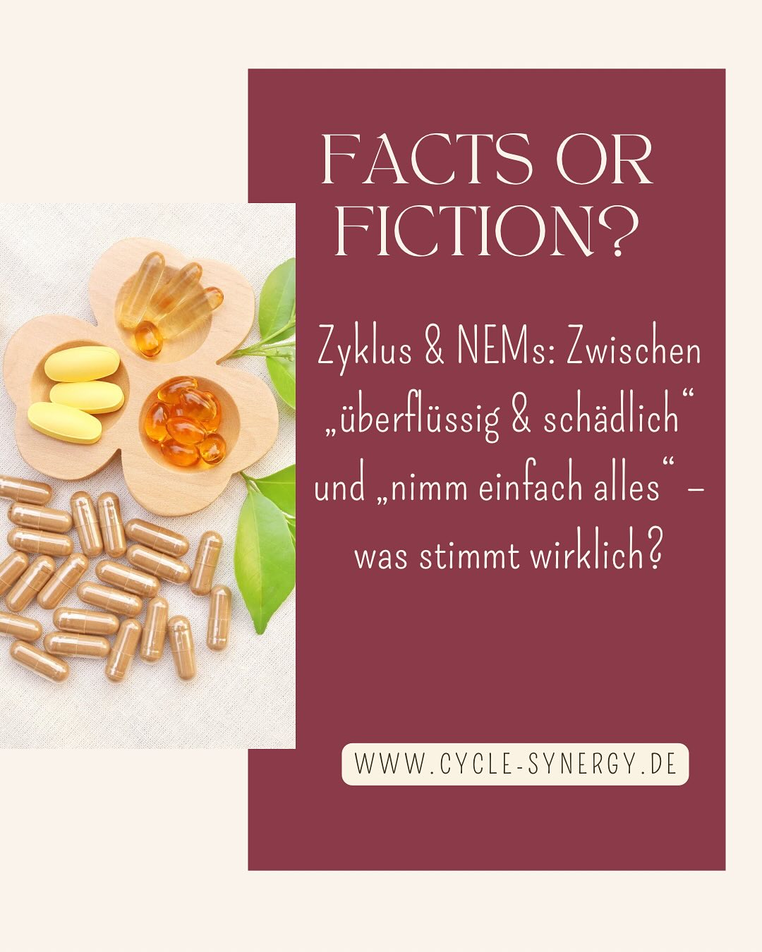 💊 Zyklus & Nahrungsergänzungsmittel – was ist wirklich sinnvoll?
Das Thema ist kontrovers: Die einen halten Supplements für überflüssig, die anderen empfehlen alles, was der Markt hergibt. Aber was stimmt nun?
📌 Fakt ist: Eine gesunde, ausgewogene Ernährung sollte die Basis sein. Kein Supplement kann schlechte Ernährung, Stress oder Schlafmangel ausgleichen. Aber unser Nährstoffbedarf kann durch Umweltfaktoren, Stress & Genetik erhöht sein – dann kann eine gezielte Ergänzung sinnvoll sein.
Ich nehme auch NEMs (und gar nicht wenige 😅), aber nicht wahllos, sondern basierend auf meinen Blutwerten. Ich habe selbst getestet, ob man den Zyklus „bio-hacken“ kann – und die Antwort ist: Nein, es funktioniert nicht.
📍 Wichtige Regel: Werte checken, gezielt dosieren & nicht blind alles schlucken!
💬 Wie stehst du zu NEMs? Nimmst du welche? Lass es mich in den Kommentaren wissen!
#Zyklusgesundheit #Hormonbalance #Nahrungsergänzungsmittel #Frauengesundheit #Zykluswissen #nems