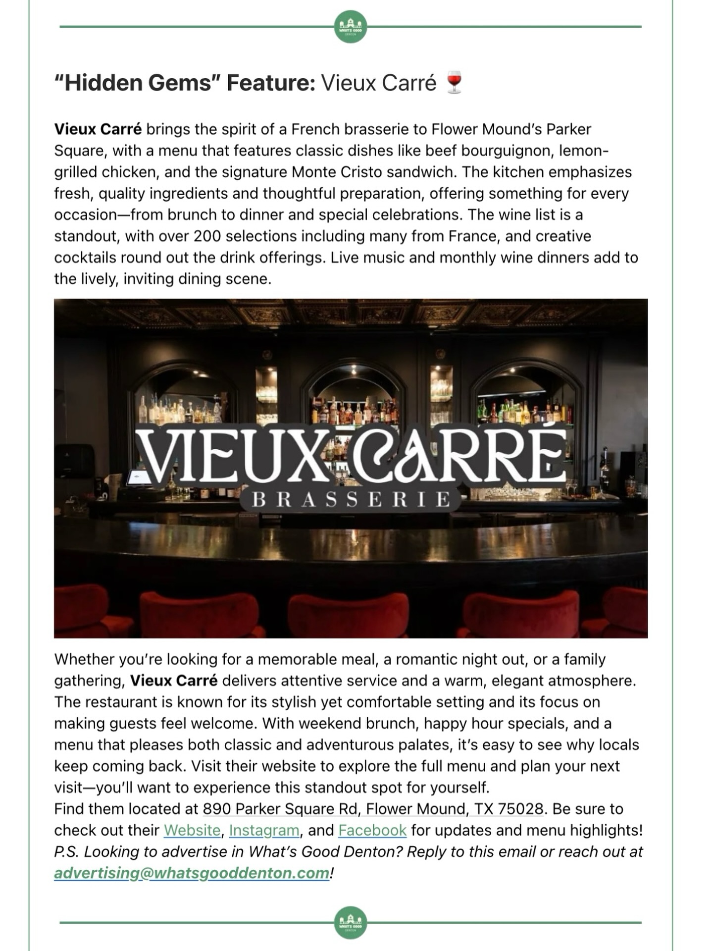 We are honored to be featured in this week’s What’s Good Denton!
A huge thank you for highlighting the Vieux Carré. If you haven’t checked out the feature yet, give it a read and show them some love!
We hope to see you at Vieux Carré soon! 🍽️