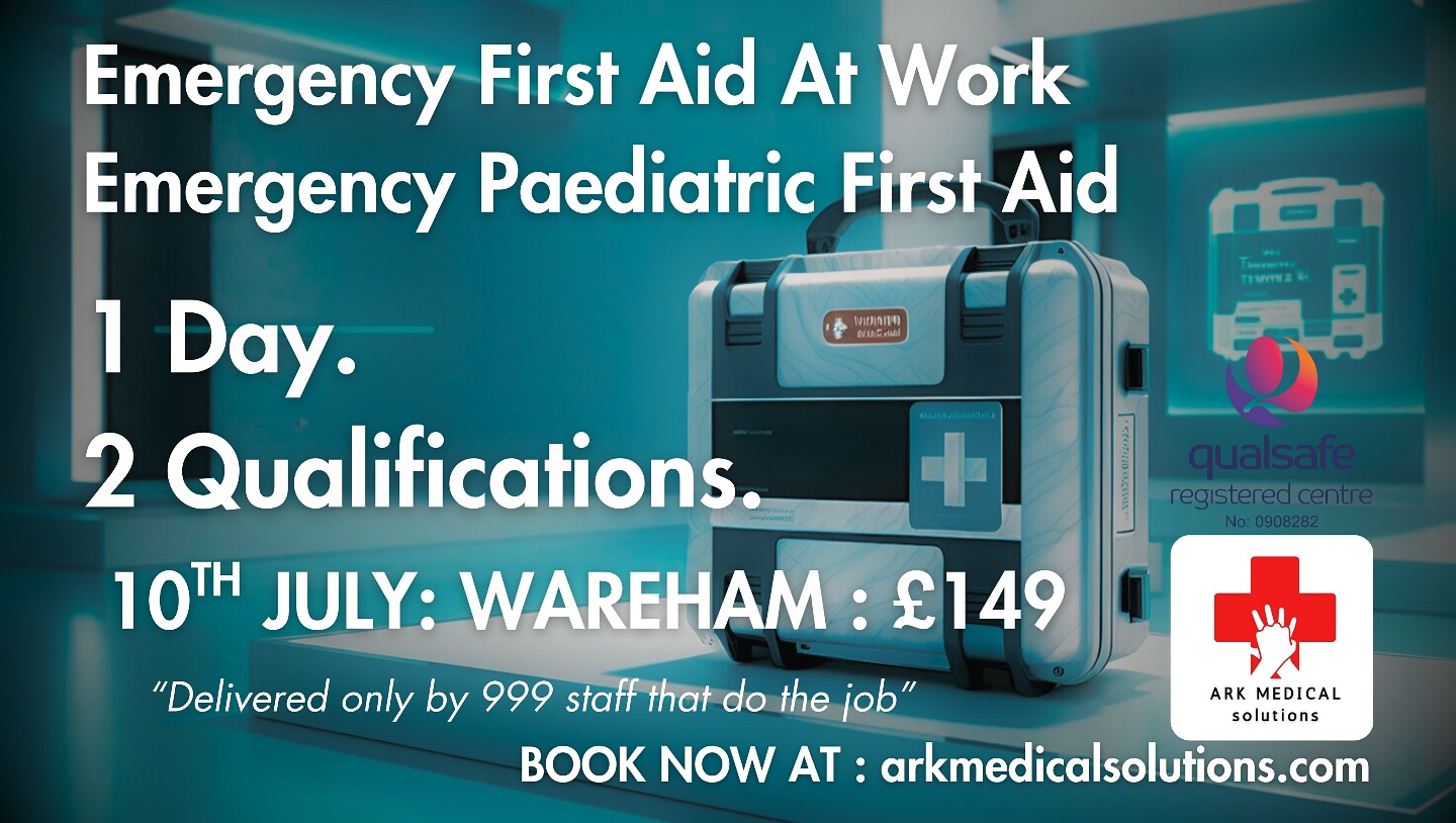 🚑First Aid Training, Supplies and Defibrillator Management with ARK Medical Solutions! 🚑
🌟 Train only with experts who are doing the job!🌟
Join us for the full suite of First Aid at Work courses delivered solely by serving 999 and NHS staff. Experience firsthand knowledge and skills that can save lives from those doing the job and not someone who never has.
📍 Location Options:
- In-Person - Wareham, Dorset
- On-Site - For group and corporate bookings, we can come to you!
💰 Discounts Available
Maximise your training budget while ensuring your team is equipped with essential first aid skills. Consider our blended eLearning packages to minimise staff abstraction for either Adult or Paediatric First Aid Courses.
🔍 Stay HSE Compliant!
Ensure your First Aid Risk Assessment needs are met with our comprehensive training. With Ark Medical Solutions, you can confidently meet compliance standards and create a safer workplace by drawing on the experience and advice of our instructors who do the job. If you organise an event or manage a business involving catering or the sale/provision of alcohol, then we recommend you reach out to us.
🩹 Your One-Stop First Aid Solution in Dorset:
- Premium and Tailored First Aid Equipment Supplies
- Defibrillator Store and Management
👉 Don’t Delay!
Empower yourself and your team with the skills to respond effectively in emergencies. Contact Ark Medical Solutions today to book your course!
🌐 www.arkmedicalsolutions.com