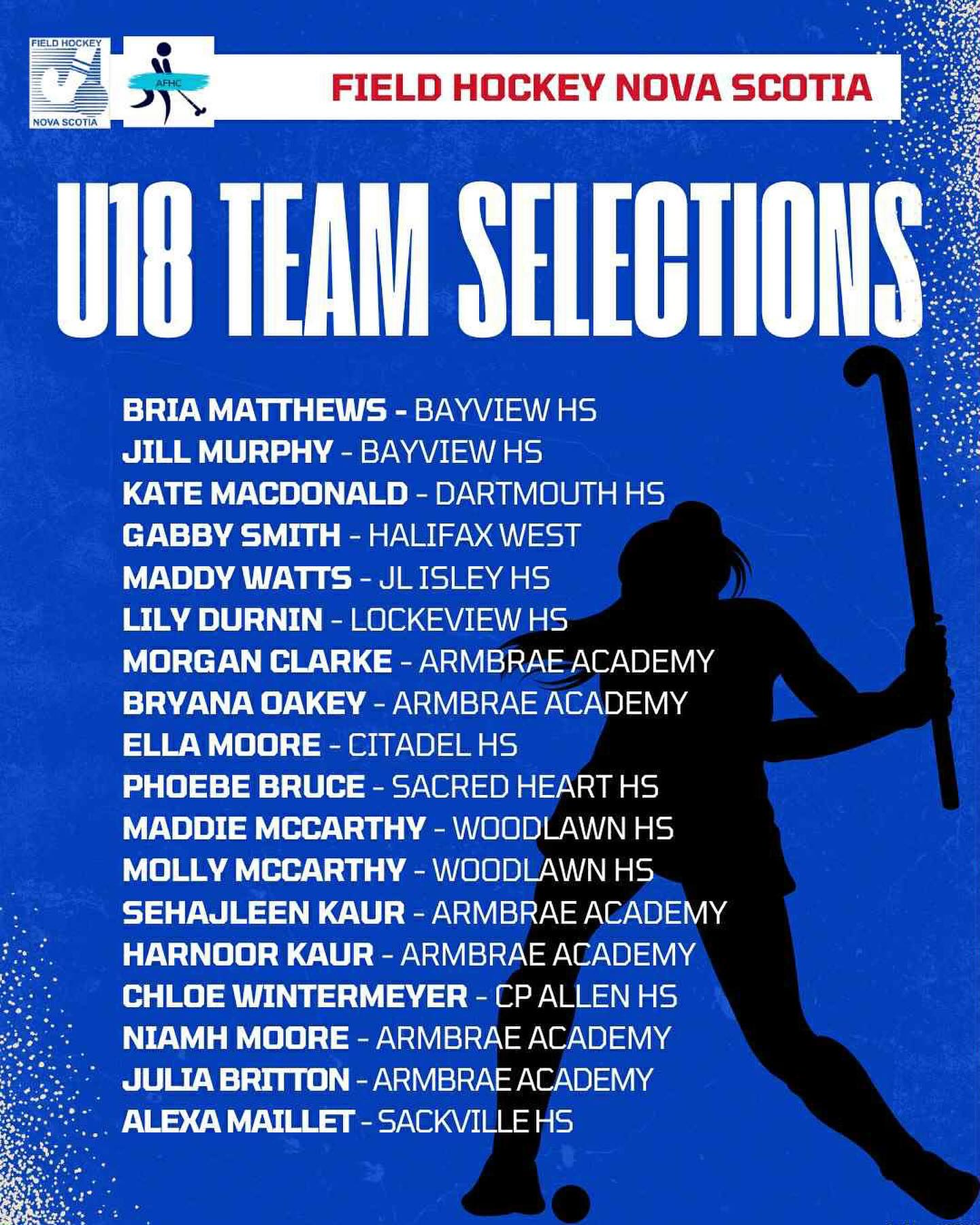 It’s official! The selections for the U18 Provincial Team and the U18 Nationals Roster are complete. Congratulations! 🎉🏑 GO NOVA SCOTIA! 👏
Atlantics are June 27 to June 29
Nationals are July 25 to July 29
Good luck! 🍀💪
#fieldhockey #fieldhockeycan #canadianfieldhockey #fieldhockeyns