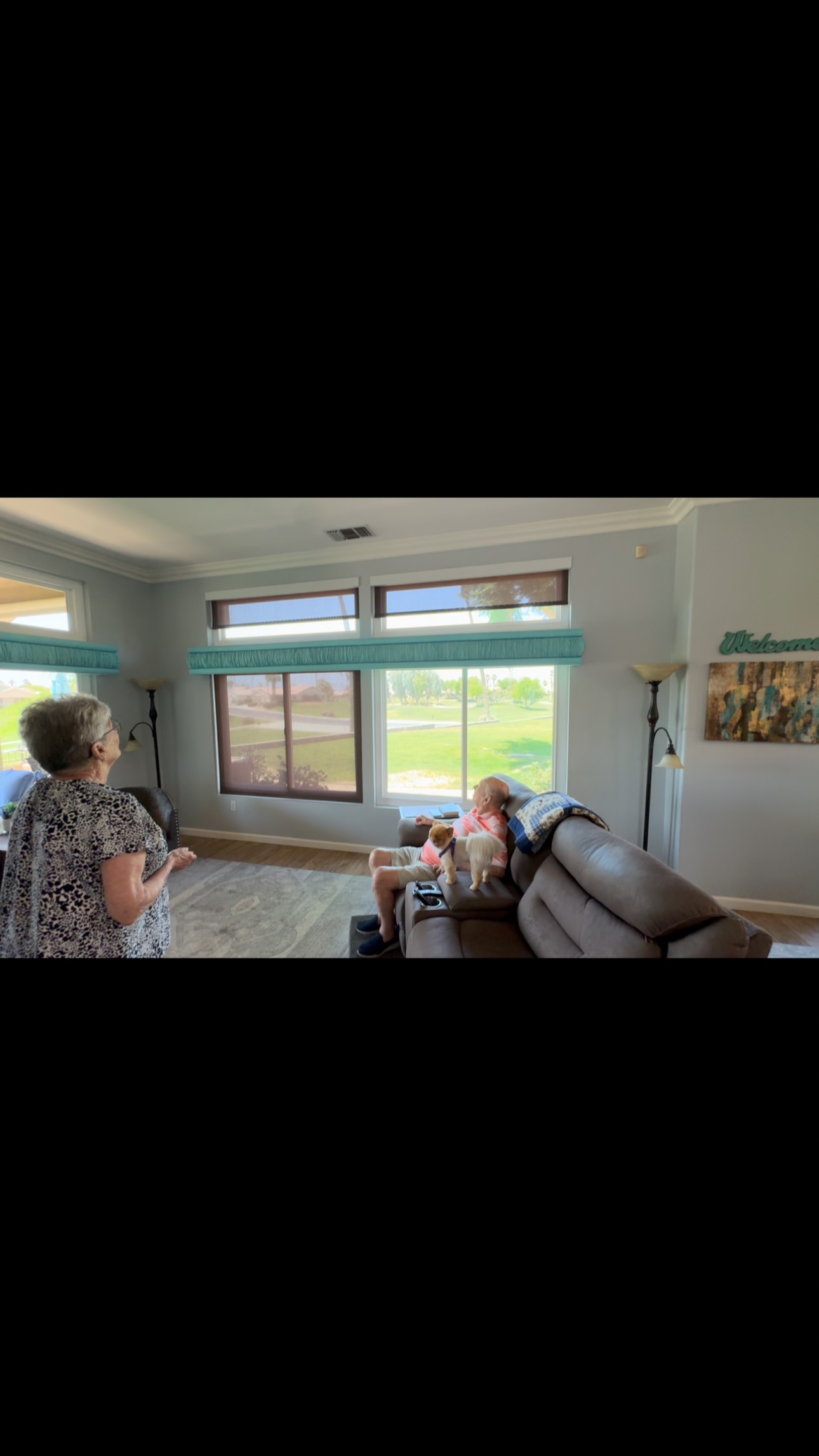 Seniors want shades that operate easily without chains! Upper windows are motorized. Lower shades are cordless. Lift with just a simple touch.