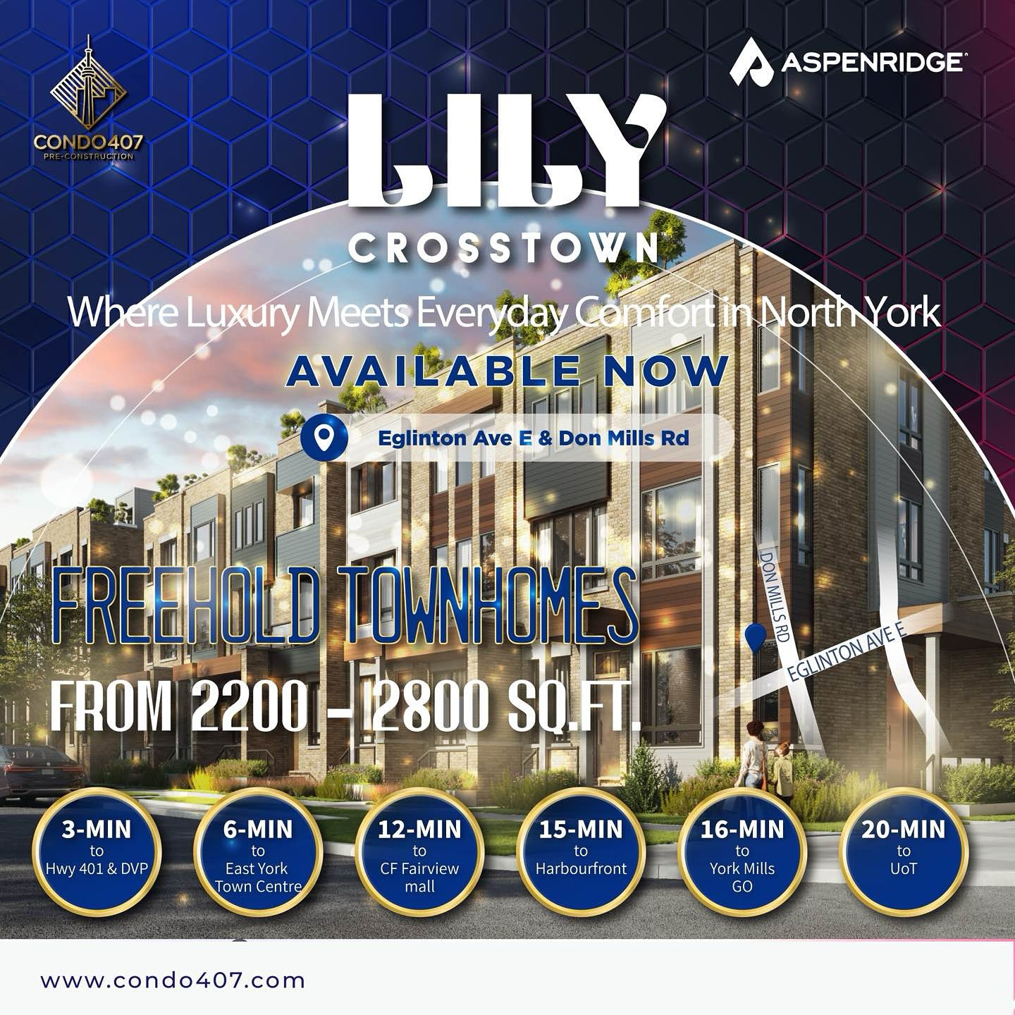 🏙 Now Selling: Boutique Luxury Freehold Townhomes with spacious layouts and smartly designed bathrooms by @aspenridgehomes
📍 Don Mills Rd & Eglinton Ave E, North York
💰 Inquire now for full details and pricing
✨Located in one of North York’s most connected neighborhoods, this community offers the perfect blend of accessibility and lifestyle. With just a few minutes’ drive to Highway 401 and the DVP, your daily commute is seamless. Public transit is right at your doorstep with bus service along Eglinton Avenue and easy access to both Eglinton and Broadview stations.
✨Weekends come alive with open-air shopping and dining at The Shops at Don Mills. Discover cultural gems like the Aga Khan Museum and Park or unwind in the tranquility of Edwards Gardens. For families and curious minds, the Ontario Science Centre is just around the corner. And when it’s time for a city escape, the Harbourfront is only 15 minutes away.
✨ Tucked away in the lush southwest corner of Crosstown, Lily is where nature meets modern artistry.
🏡 Luxury living. Prime location. Flexible payments. Welcome home.
📢 Register today & don’t miss this opportunity!
📩 CONTACT ME NOW TO LEARN MORE:
☎️ 416.856.1997
☎️ 416.879.6118
📧 info@condo407.com
🌐 www.condo407.com
@crosstowncommunity
#LilyCrosstown #DonMills #NorthYork #AspenRidge #Condo407 #Condo407vip #Condo407team #PlatinumAccess #condo #CondoLiving #CondoLivingStyle #Home #NewHomes #DreamHome #Preconstruction #Property #Investment #RealEstate #TTC #GTA #torontorealestate