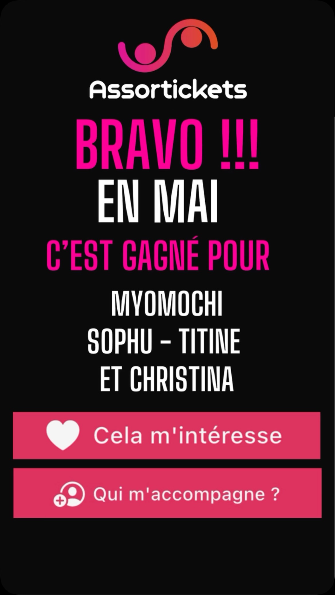 🎁 Tous les mois, on vous fait gagner 4 cartes cadeaux Billet Réduc’ d’une valeur de 25 € pour fêter la sortie d’Assortickets, l’application qui connecte les passionnés et leurs envies de sorties.
📌 Pour tenter ta chance :
✅ télécharge l’application et crée ton profil, (avec ou sans abonnement🫶)
✅ utilise l’appli régulièrement pour :
> créer ta liste de sorties,
> voire trouver une personne pour t’accompagner 👍
Suis @assortickets et @billetreduc_officiel pour plus de bonnes nouvelles 😊
Tirage au sort des gagnants parmi les utilisateurs de l’application et résultats du concours dans les 5 jours qui suivent la fin de chaque mois.
🍀 Bonne chance !!!
Les 4 gagnants mensuels seront contactés par e-mail via l’adresse utilisée lors de la création du profil sur l’application et annoncés en commentaire sur ce post.
Jeu valable à compter du 31 mars 2025 et jusqu’au 31 décembre 2025 inclus.
⚠️ 🚨 Attention aux faux comptes qui profitent des concours pour vous contacter. Ne communiquez jamais vos coordonnées bancaires 🚨⚠️
https://www.assortickets.com
#jeuconcours #culture #théâtre #sorti
