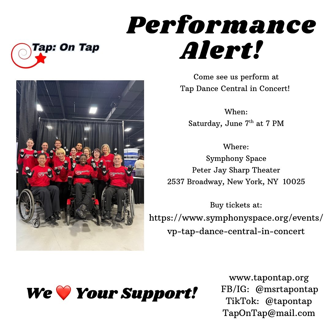 @tapdancecentralinc invited us to perform at Tap Dance Central in Concert! We cannot wait to share one of our pieces with the tap community! Come join us on June 7th at 7 PM at NYC’s @symphonyspace ! Even if you cannot attend, please spread the word! (PS-DM us for the ticket link.)
#marysixrupert #tapontap #msrtapontap #tapdance #tapdancing #tapdancer #tapdancers #newyork #newyorkcity #nyc #nyny #newyorknewyork #tapdancinghandsdown #tapgloves #tapboard #inclusion #inclusivity #allabilities #wheelchair #adaptation #showtime #june7 #creativity #followme #followforfollowbacks #tapshow #tapdancecentral #susanhebach #opportunity #joy