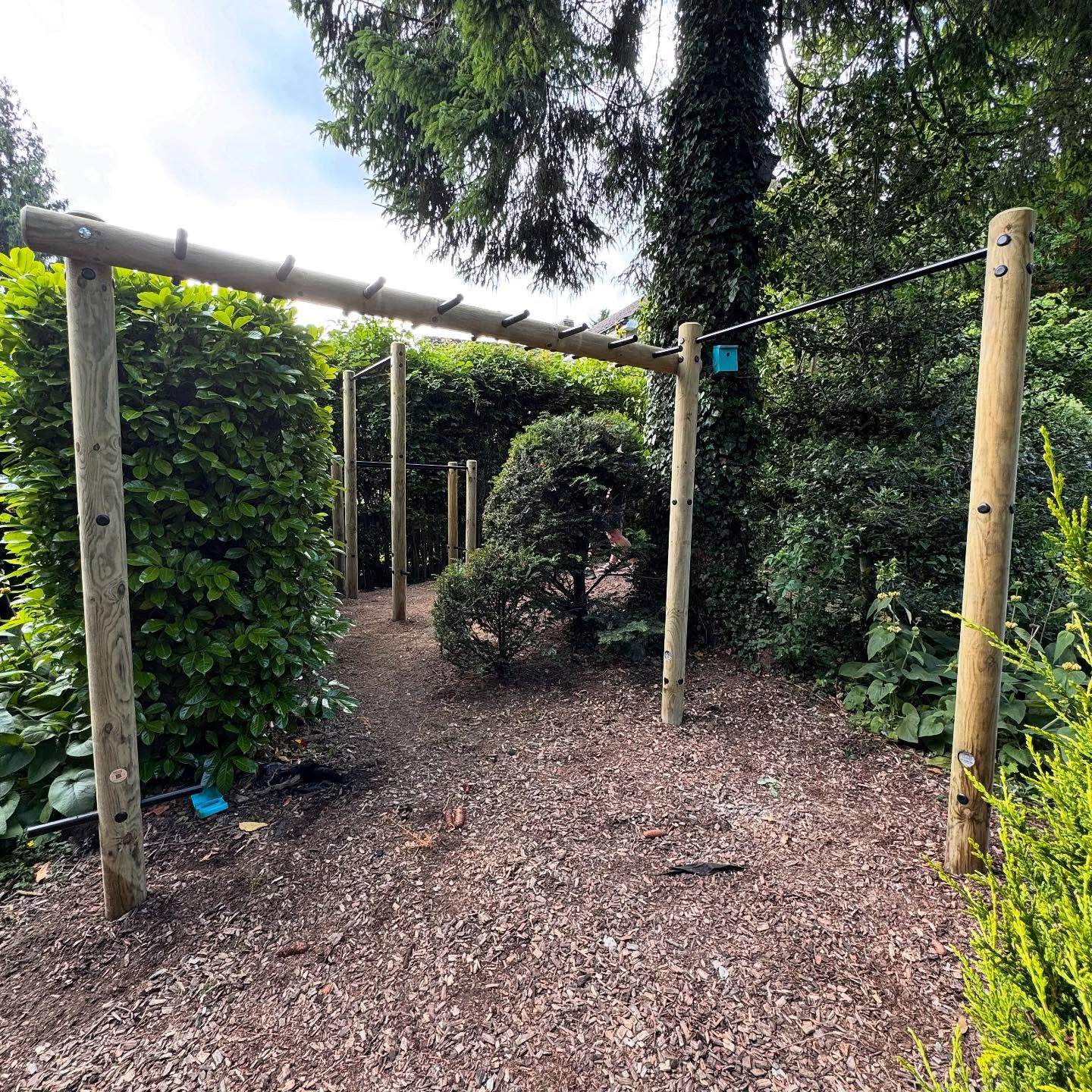 Fun zone and fitness area in Reigate. We split the area into 2, one with a monkey bar and pull up and the second with a pull up and dip. What more could you want? #pullups #monkeybars #gardengym #outdoortraining