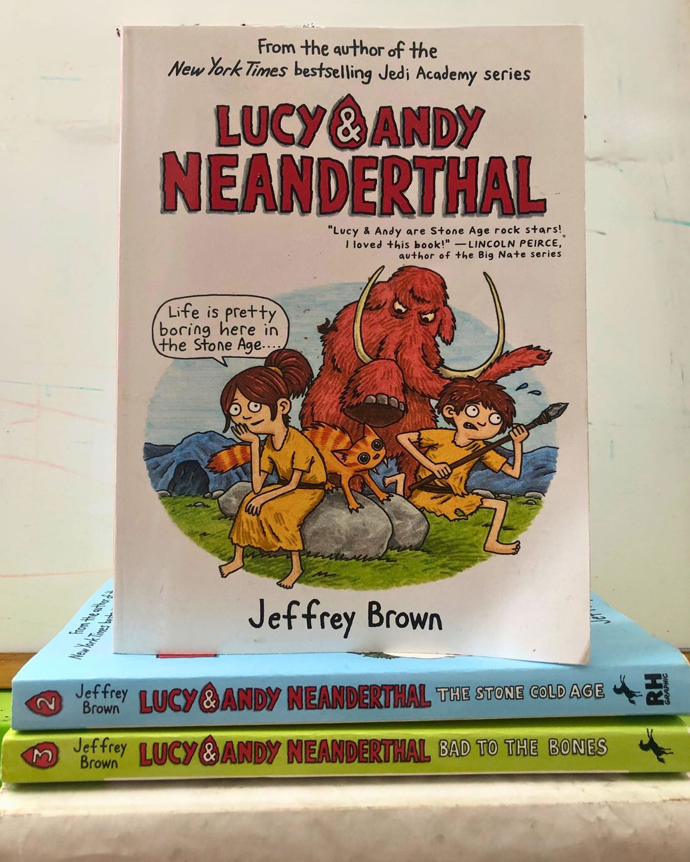 Lucy & Andy Neanderthal
By Jeffrey Brown
Number of Books in the Series: 3
Growing up, graphic novels were mostly frowned upon in my household. They weren’t taken seriously, and the picture-to-text ratio meant they were rarely considered worthwhile reading!
Cut to today- when I actually don’t mind what format of book the little one picks, because there’s some merit to them all. And honestly, if we don’t read enough, how will we ever figure out the merits and demerits of what we truly enjoy?
Lucy & Andy Neanderthal follows twin Neanderthal siblings living their (worst) lives back in the Stone Age, doing all the things Neanderthals probably did- surviving, foraging, hunting, gathering, feasting on mammoth, making art (maybe), and more.
It’s a fun series that sits right at the intersection of fiction and non-fiction. Each chapter wraps up with present-day anthropologists/paleontologists jumping in to offer factual context against what just happened in the story. It’s a clever little narrative device- informative, without ever taking away from the humor of the plot.
I’ve seen my little one go through all three books at lightning speed, and re-read them countless times. Every single time, she ends up laughing silently at the many hilarious moments tucked into the story.
As far as the storytelling goes, this is an absolute laugh riot- super informative and wonderfully accessible for young readers. The artwork felt a little too crowded for me, but it works for the intended age group, so no complaints there either.
We read this at 6+ years, though the suggested age is probably closer to 8+ years.