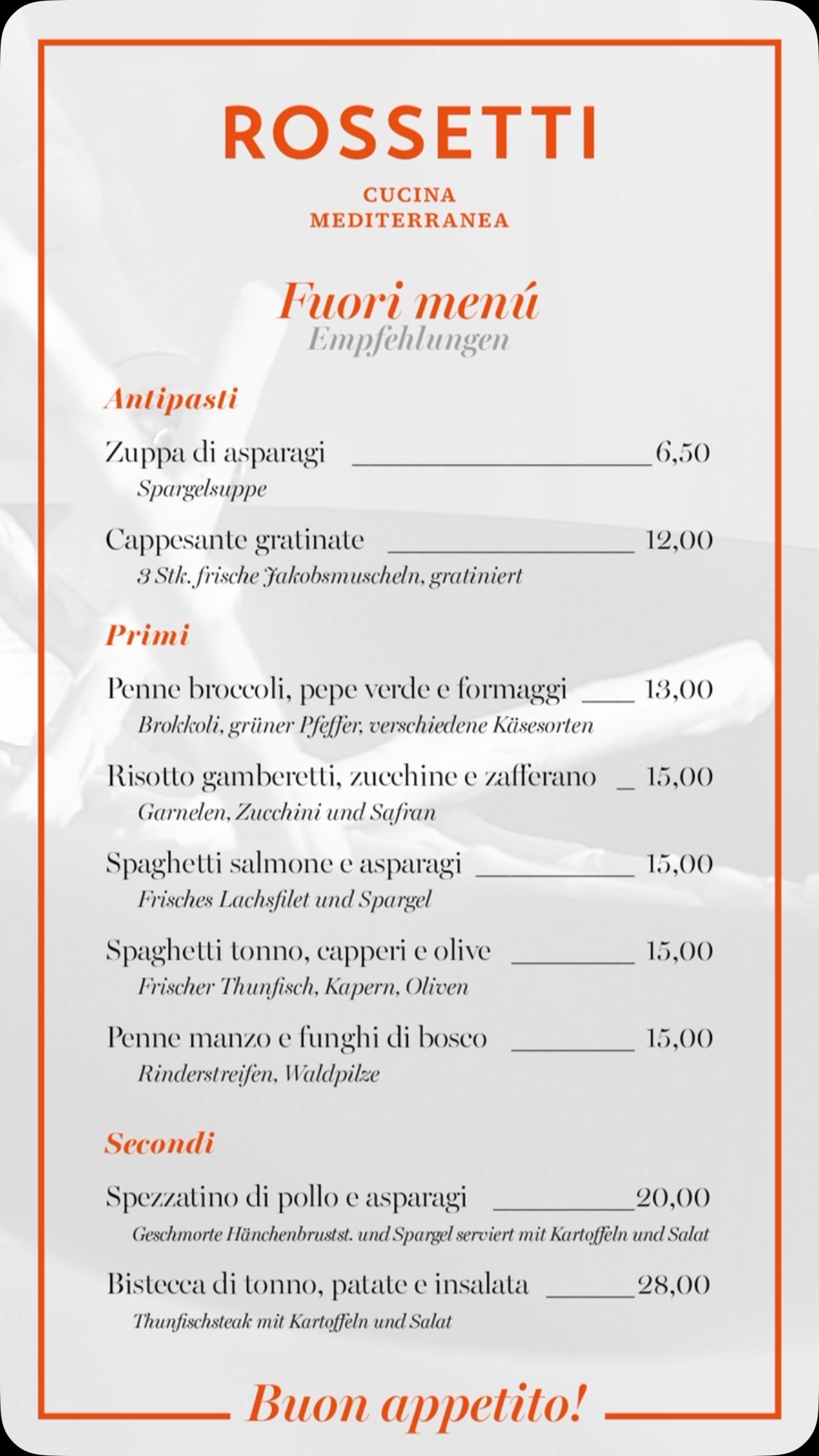 Unsere Empfehlungskarte für den Juni 🤗
Alle Primi-Gerichte sind natürlich auch in unserem Mittagsangebot von Dienstag bis Samstag inkl. Salat und kleinem Getränk für 5,- € Aufpreis erhältlich.
Buon appetito 😋
#rossetti #cucinamediterranea #passau #trattoria #italienischgeniessen #mediterran #foodlover #fisch #steak #vegetarischgenießen #vegan #passauliebe #mittagsangebot #mittagspausegeniessen #mediterran #passauliebe #inmoodforfood