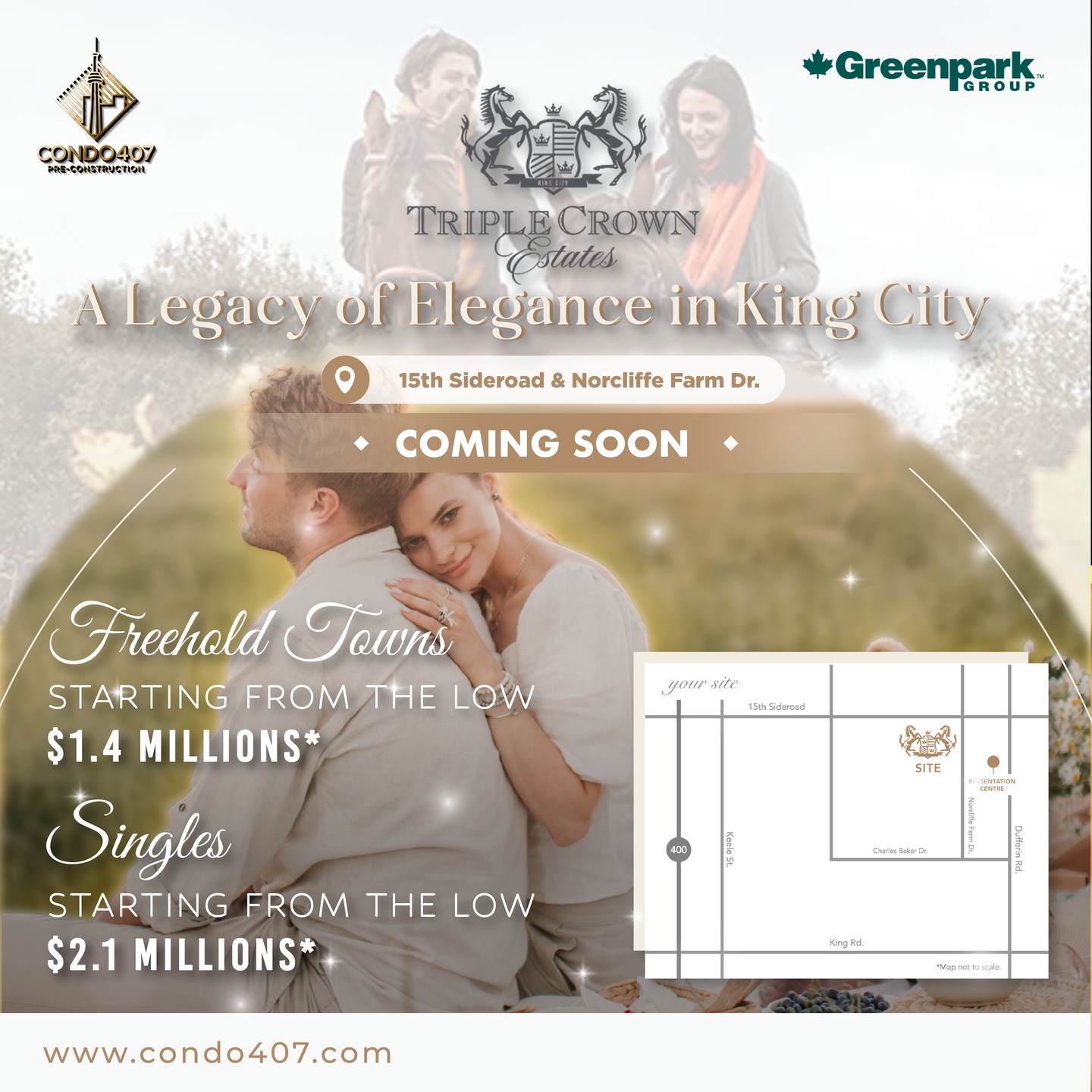 👑 Triple Crown Estates – King City | COMING SOON
📍 15th Sideroad & Norcliffe Farm Dr., King City
💰 Freehold Towns from the low $1.4M
💰 Detached Singles from the low $2.1M
✨ A rare opportunity to own in one of GTA’s most coveted communities!
✨ Steps to historic Hogan’s Inn, grocery stores, plazas & everyday amenities
✨ Nestled on the former Norcliffe Farms – a legacy of elegance and prestige
📢 Register today & don’t miss this opportunity!
📩 CONTACT ME NOW TO LEARN MORE:
☎️ 416.856.1997
☎️ 416.879.6118
📧 info@condo407.com
🌐 www.condo407.com
#kingcity #TripleCrownEstate
#OntarioRealEstate #RealEstateAgent #RealEstateCanada #RealEstateInvesting #SpaciousLiving #TorontoHomes #TorontoLuxuryHomes #TreasureHill #YorkRegionHomes #thornhill #libertydevelopment
#gta