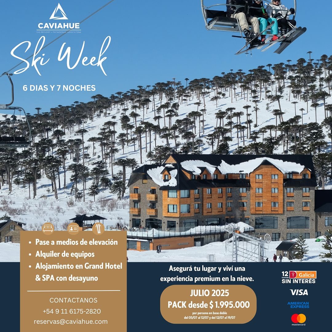 🎿 Ski Week en Caviahue – ¡Viví 6 días de pura nieve y relax! ❄️
Preparate para una experiencia única de ski en uno de los paisajes más imponentes de la Patagonia. Alojamiento, pases, equipos y mucha nieve… ¡todo en un solo lugar!
🗓️ Julio 2025
📍 Grand Hotel & Spa – Ski In & Out, frente a las pistas
Incluye:
✔️ Pase a medios de elevación
✔️ Alquiler de equipos
✔️ Alojamiento con desayuno (7 noches)
💰 Pack desde $1.995.000 por persona (base doble)
📆 Fechas disponibles:
🔹 05/07 al 12/07
🔹 12/07 al 19/07
✨ También disponible:
🏨 Ski Weeks y escapadas personalizadas
🌋 Termas, gastronomía y naturaleza
👨👩👧👦 Ideal para familias, parejas o grupos
💳 Formas de pago:
✔️ Transferencia bancaria
✔️ Hasta 12 cuotas sin interés con Banco Galicia
✔️ Aceptamos VISA, MasterCard y American Express
📞 Consultas y reservas:
📲 WhatsApp: +54 9 11 6175-2820
📧 reservas@caviahue.com
🏔️ Cupos limitados – ¡No te lo pierdas!
#CaviahueSkiResort #SkiWeek #Nieve2025 #PatagoniaArgentina #VacacionesDeInvierno #SkiEnArgentina #snowlovers