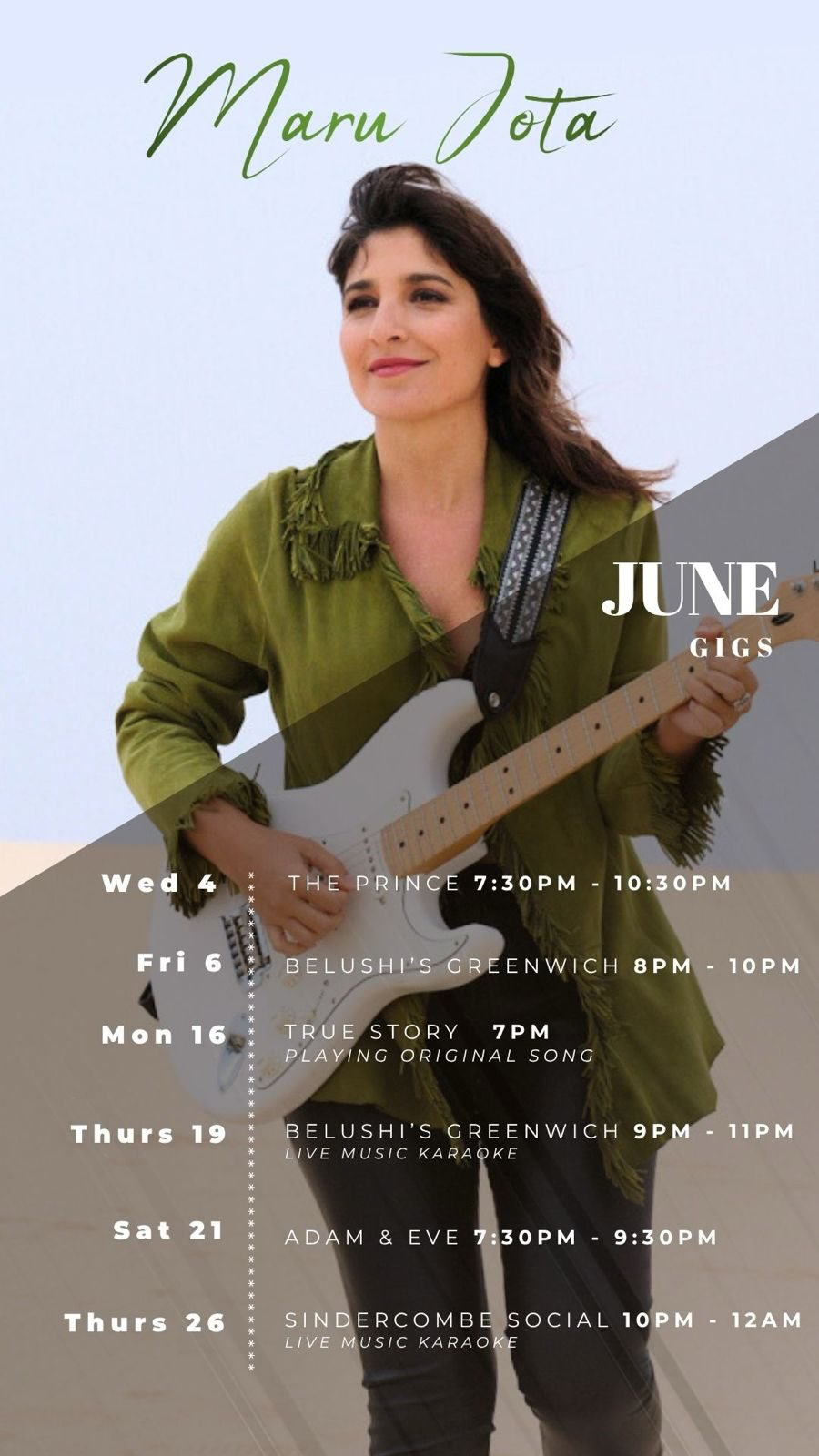 🎶 June Gigs – Come hang out! 💫
So excited to be playing live this month — hope to see you at one (or all!) of these! 💚🎸
Fri 6 – Belushi’s Greenwich | 8PM – 10PM
Sun 8 – The Prince | 6 PM – 8:30PM
Mon 16 – True Story | 7PM (Original Song & Story telling)
Thurs 19 – Belushi’s Greenwich | 9PM – 11PM (Live Music Karaoke)
Sat 21 – Adam & Eve | 7:30PM – 9:30PM
Thurs 26 – Sindercombe Social | 10PM – 12AM (Live Music Karaoke)
📍London – come sing, dance, and vibe with me!
#MaruJota #LiveMusicLondon #JuneGigs #CLEntertainment @callumlovettmusic #SingerSongwriter #OriginalMusic @truestoryldn #LiveKaraoke #LondonMusicScene #covers