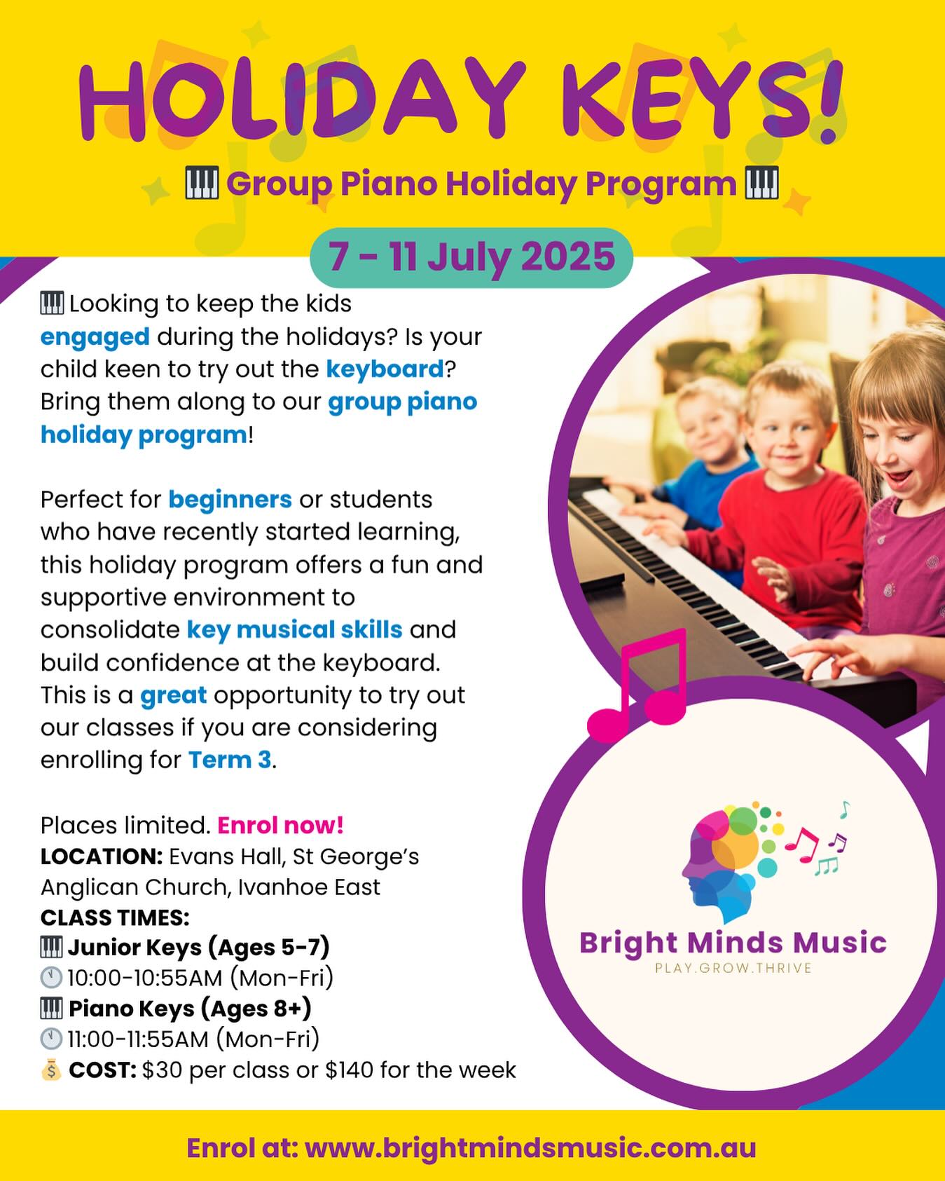🎹✨ Holiday Piano Fun Is Here! ✨🎹
Looking for something creative, social, and enriching for your child these holidays?
Join our Holiday Piano Program – the perfect introduction for beginners and young learners wanting to build confidence and consolidate key musical skills 🎶
👧 Ages: 5+
👫 Small, supportive group classes
📍 Ivanhoe East
📅 Limited spots
☕ Grown ups welcome to join in or relax with a cuppa while we play!
🎵 Make music. Make memories. Make new friends.
📩 DM us or head to www.brightmindsmusic.com.au to book your spot!
#HolidayPiano #KidsMusicClass #GroupPiano #PianoFun #SchoolHolidayActivities #MusicForKids #MiniMusicians #ParentAndChildTime #CreativeKids