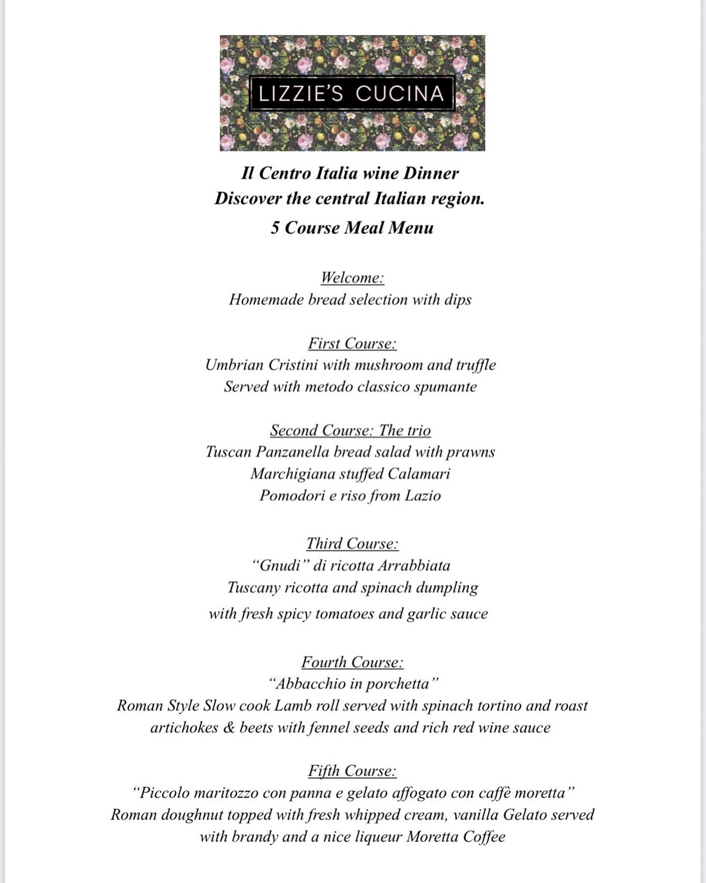 Join us for Il Centro Italia Wine Dinner! 🍝🍷 Discover the flavors of central Italy with our specially crafted 5-course menu at Lizzie’s Cucina. #follow #northlondon #northlondonrestaurants #easter #eggs #mysecretlondon #toplondonrestaurant #bestitalianrestaurant #eatoutlondon #family #smallbusiness #supportlocalbusiness #michellin #londonguide #londonfoodguide #londonhiddengem #finest #partylondon #hellonorthlondon #bbcfood #italianfood @carmelo_carnevale 12th June @7:30 £68pp plus service charge