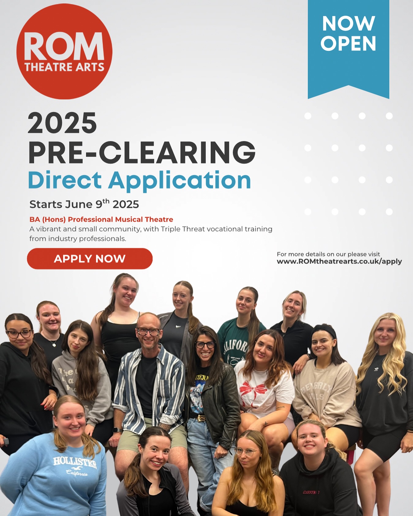 We have a few places remaining for our September 2025 intake on the BA (Hons) Professional Musical Theatre degree.
From Monday 9th June, we’re entering our Pre-Clearing Phase — ideal for performers still seeking the right next step in their training journey.
📍 Audition Process:
Initial audition is by online submission, with a short application form available now on our website.
This is your chance to join a conservatoire-style training programme with small class sizes, industry-active faculty, and a strong focus on personal development and career readiness.
📅 Auditions running throughout June and July
🎓 Limited places — early application strongly encouraged
✨ Be seen. Be heard. Be ready.
#TrainAtROM #ROMTheatreArts #MusicalTheatreDegree #BeReady #PreClearing2025