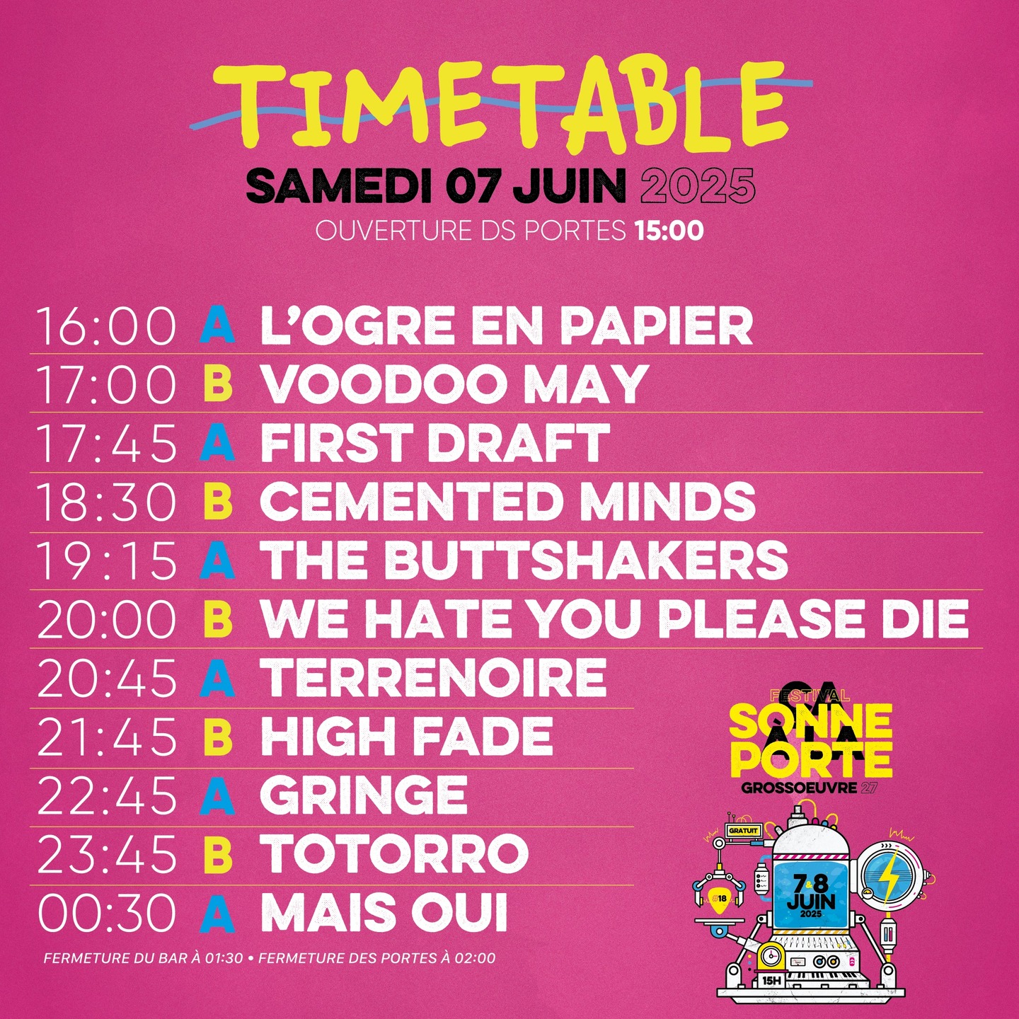 ☀️ Jour 1 ☀️
C'est le grand jour !
Ouverture des portes à 15h00 !
avec :
@l.ogre.en.papier
@voodoo.may
@first_draft_music
@cementedminds_
@thebuttshakers
@wehateyoupleasedie__
@_terrenoire_
@highfademusic
@gringe
@totorromusic
@mais.oui.music